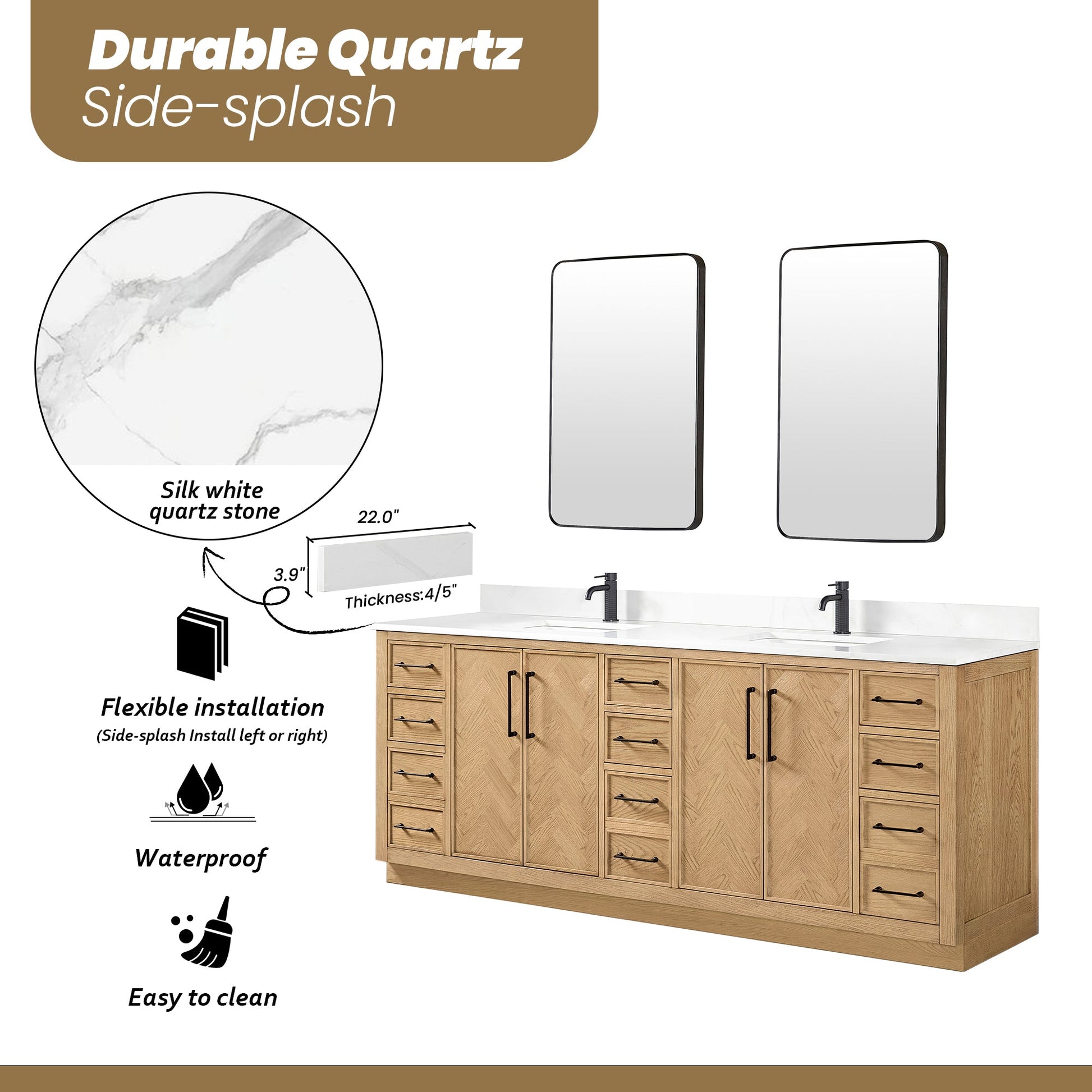 Jakarta 84" Freestanding Double Bath Vanity in Oak Weathering Light Brown with Silk White Quartz Stone Top