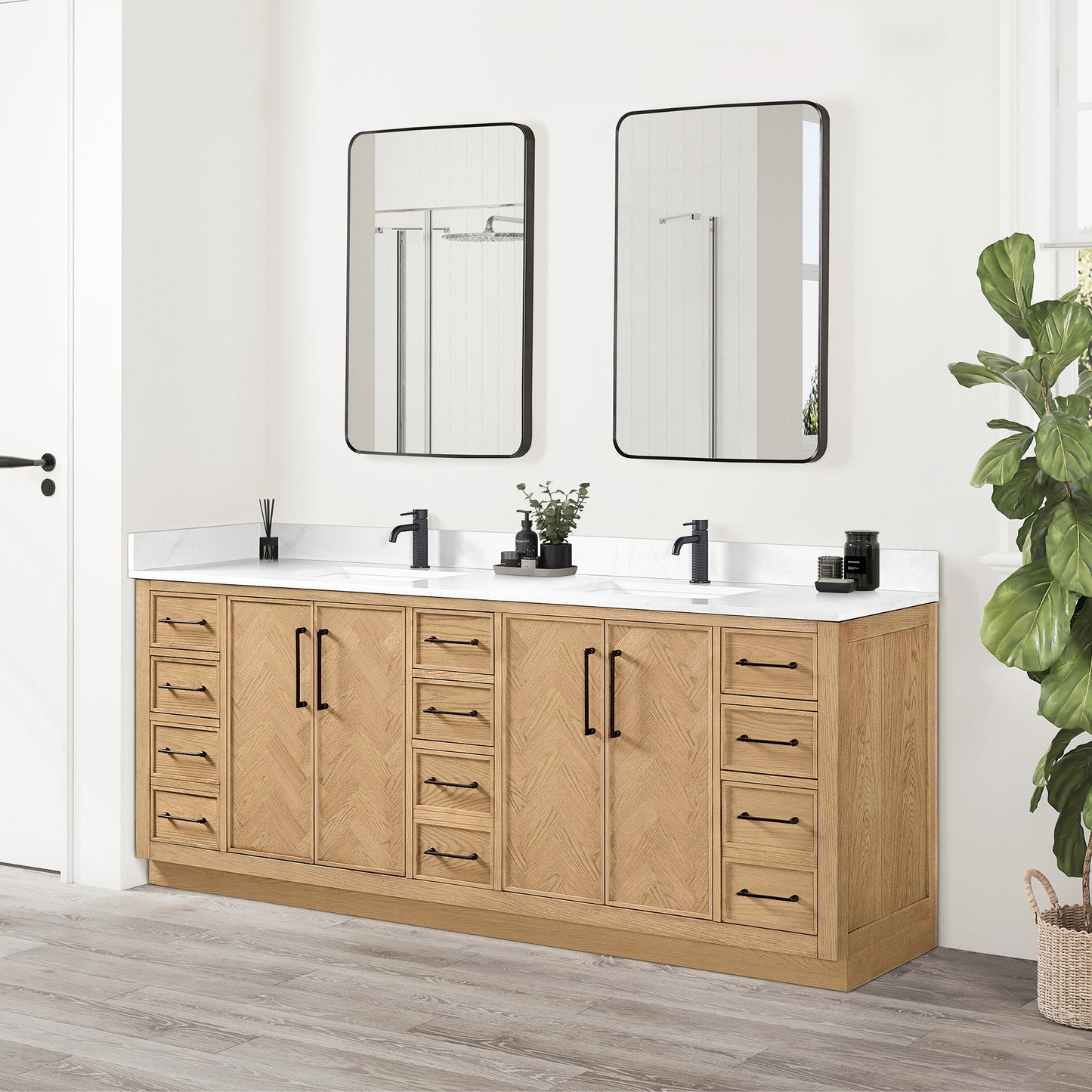 Jakarta 84" Freestanding Double Bath Vanity in Oak Weathering Light Brown with Silk White Quartz Stone Top