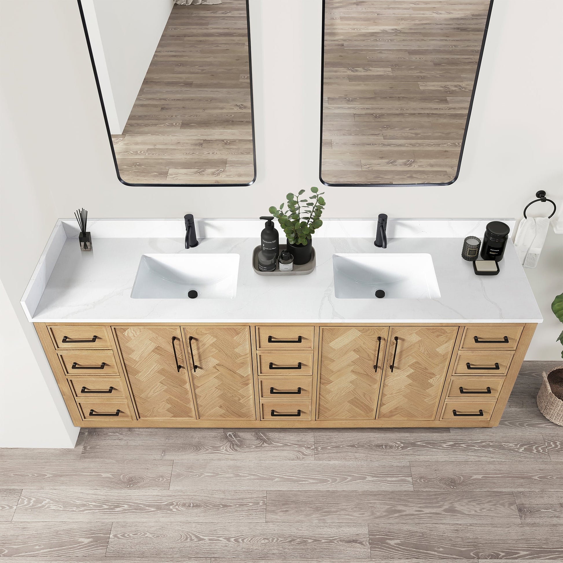 Jakarta 84" Freestanding Double Bath Vanity in Oak Weathering Light Brown with Silk White Quartz Stone Top