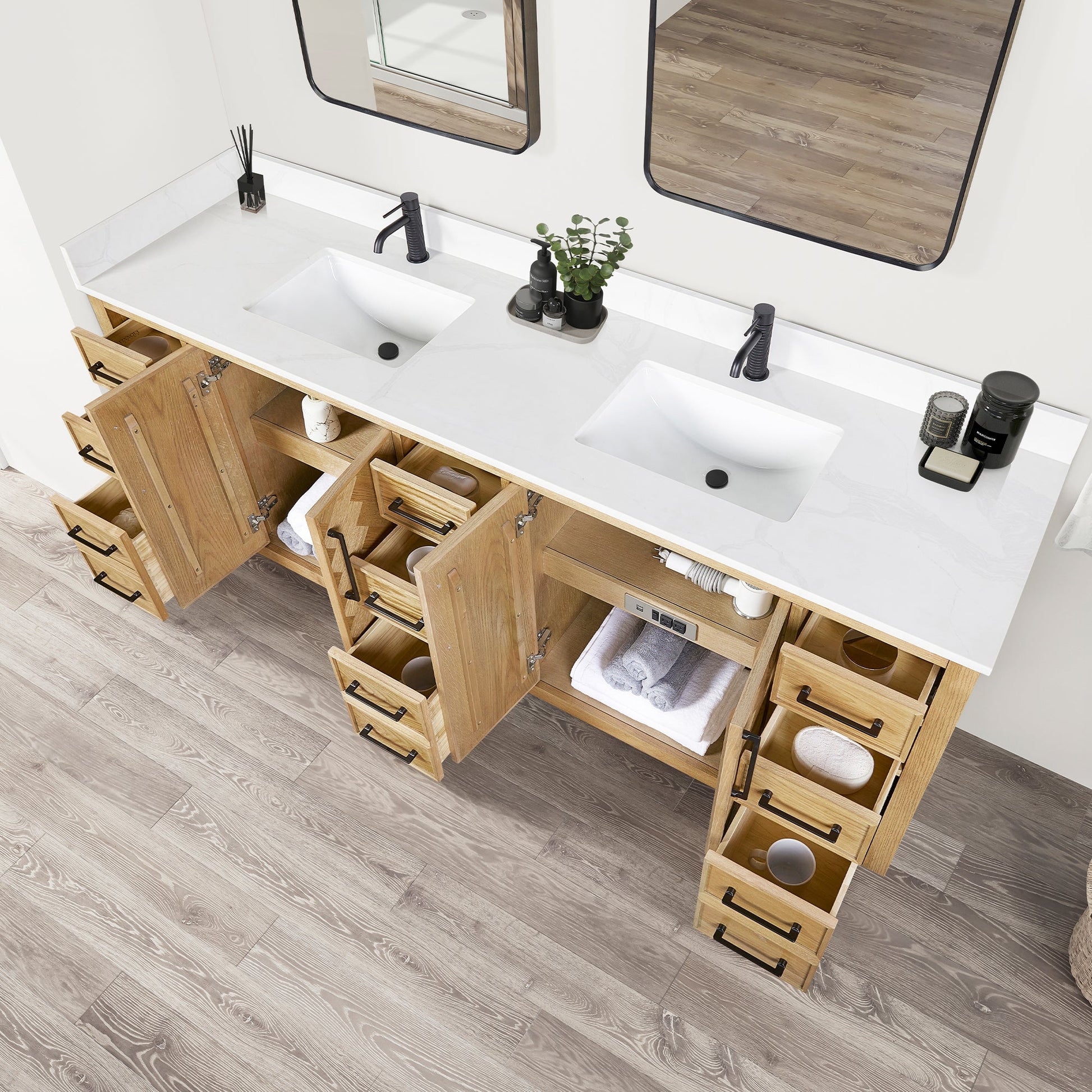 Jakarta 84" Freestanding Double Bath Vanity in Oak Weathering Light Brown with Silk White Quartz Stone Top