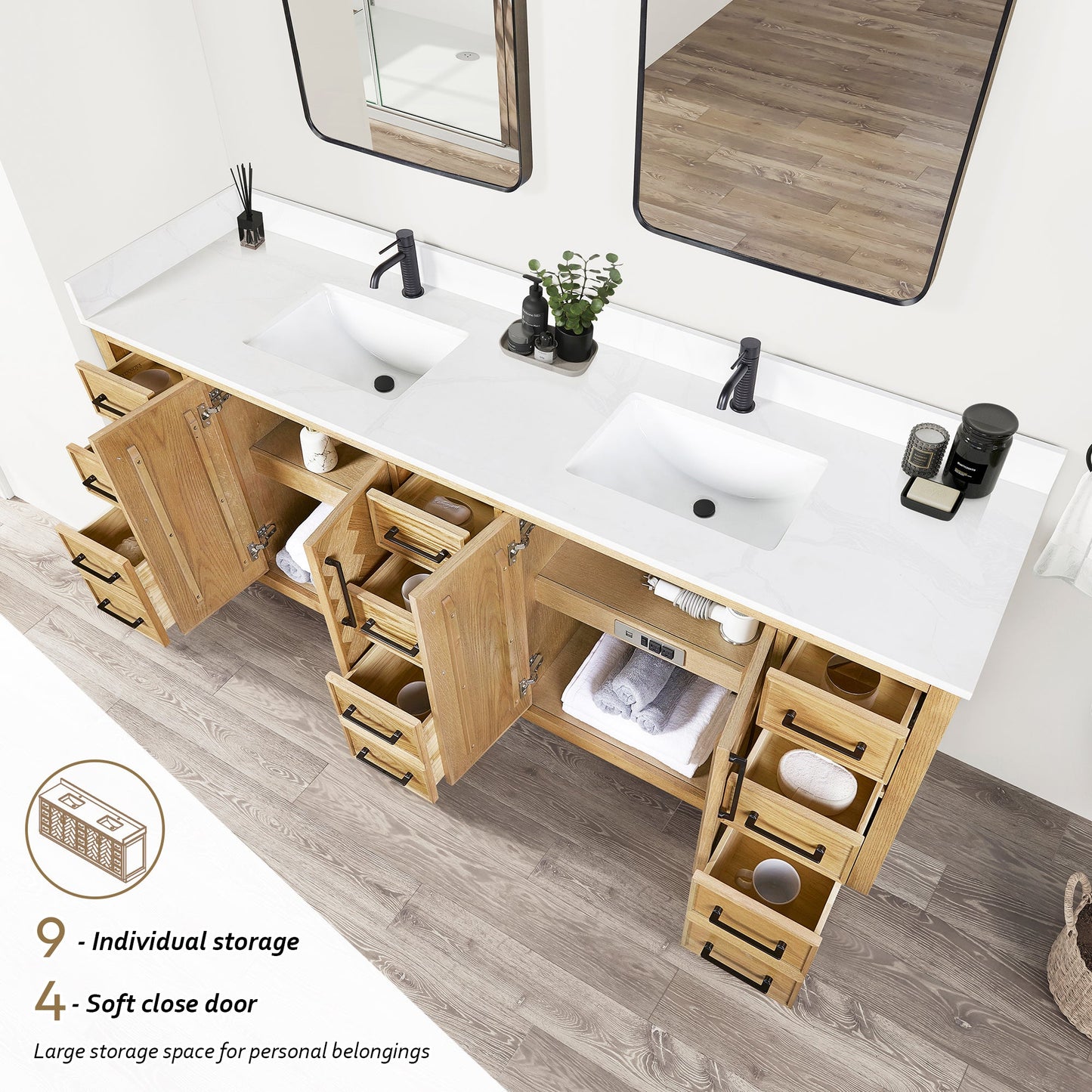 Jakarta 84" Freestanding Double Bath Vanity in Oak Weathering Light Brown with Silk White Quartz Stone Top