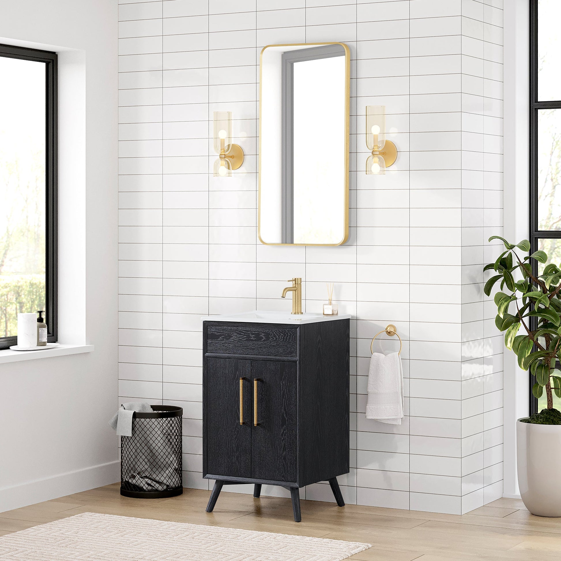 Delhi 20" Free-standing Single Bath Vanity in Fir Wood Black with Drop-In White Ceramic Basin Top