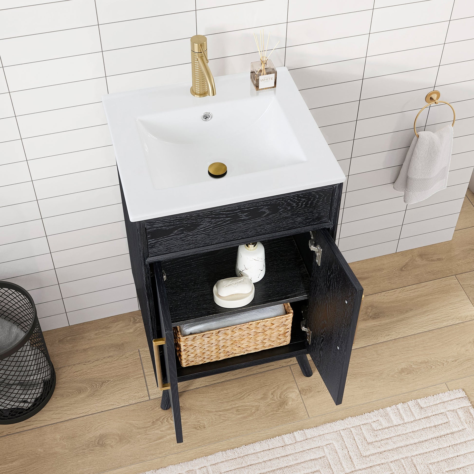 Delhi 20" Free-standing Single Bath Vanity in Fir Wood Black with Drop-In White Ceramic Basin Top