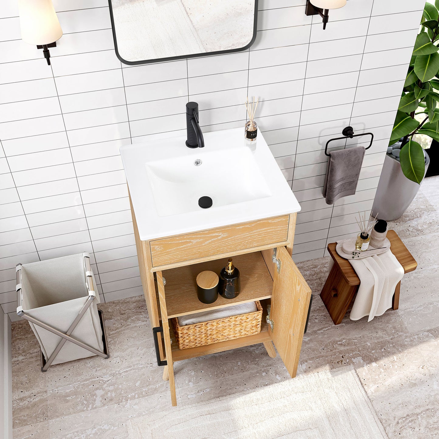 Delhi 20" Free-standing Single Bath Vanity in Washed Ash Grey with Drop-In White Ceramic Basin Top