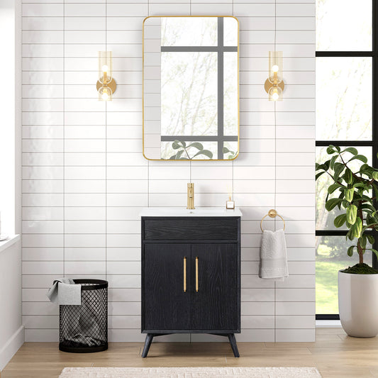 Delhi 24" Free-standing Single Bath Vanity in Fir Wood Black with Drop-In White Ceramic Basin Top