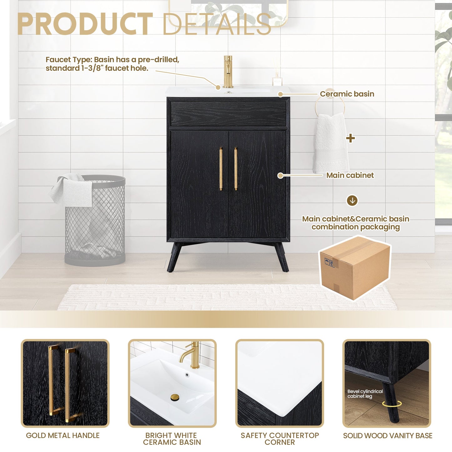 Delhi 24" Free-standing Single Bath Vanity in Fir Wood Black with Drop-In White Ceramic Basin Top