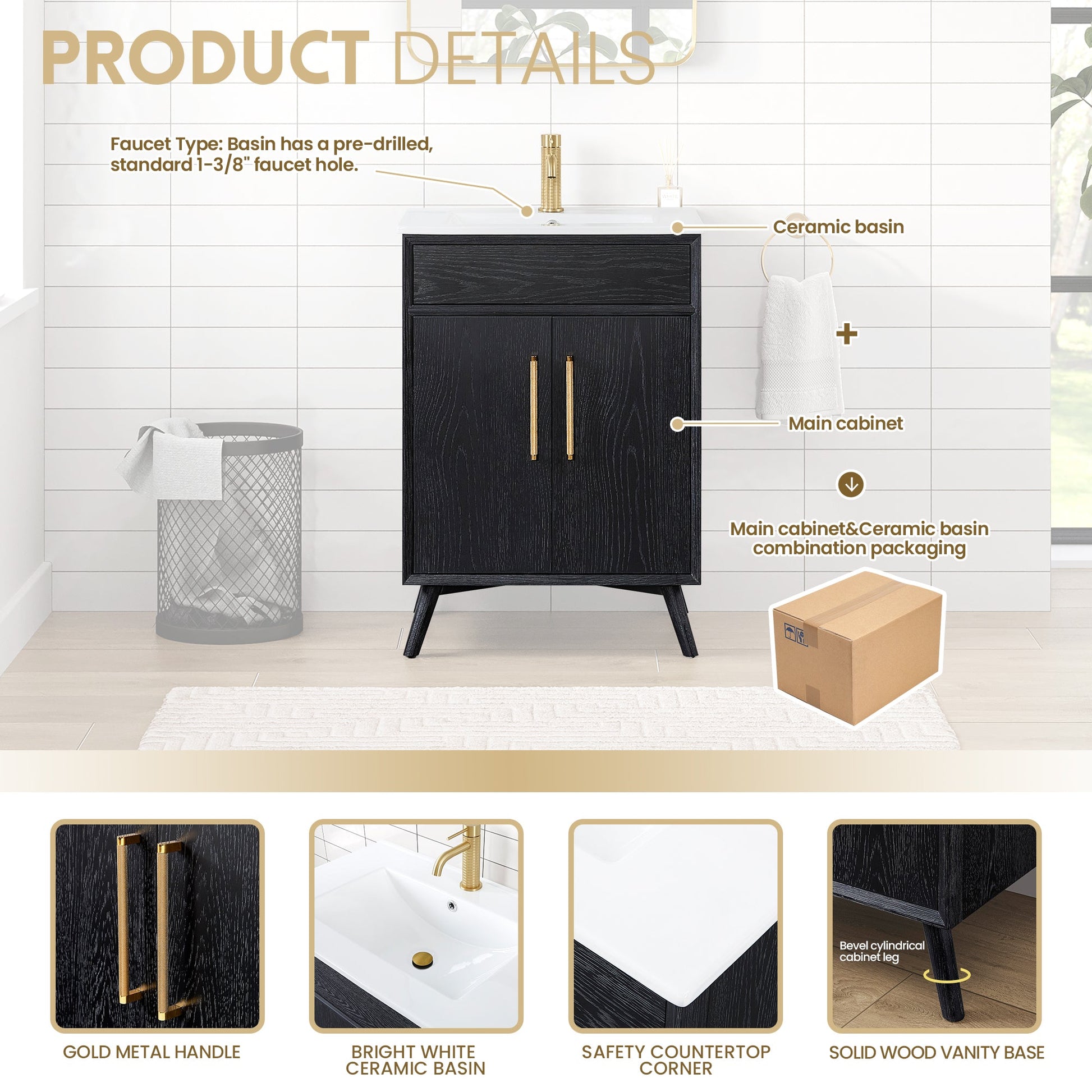 Delhi 24" Free-standing Single Bath Vanity in Fir Wood Black with Drop-In White Ceramic Basin Top