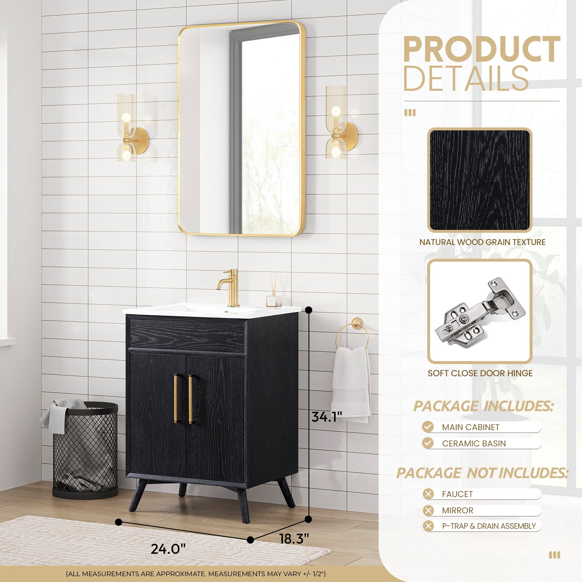 Delhi 24" Free-standing Single Bath Vanity in Fir Wood Black with Drop-In White Ceramic Basin Top