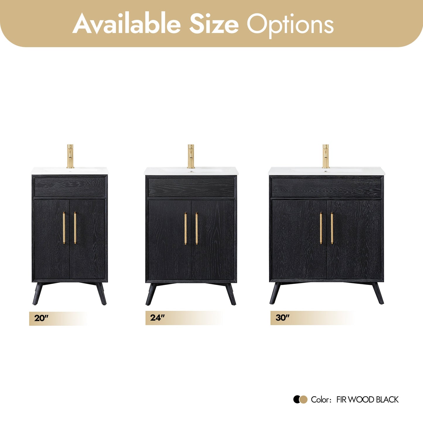 Delhi 24" Free-standing Single Bath Vanity in Fir Wood Black with Drop-In White Ceramic Basin Top