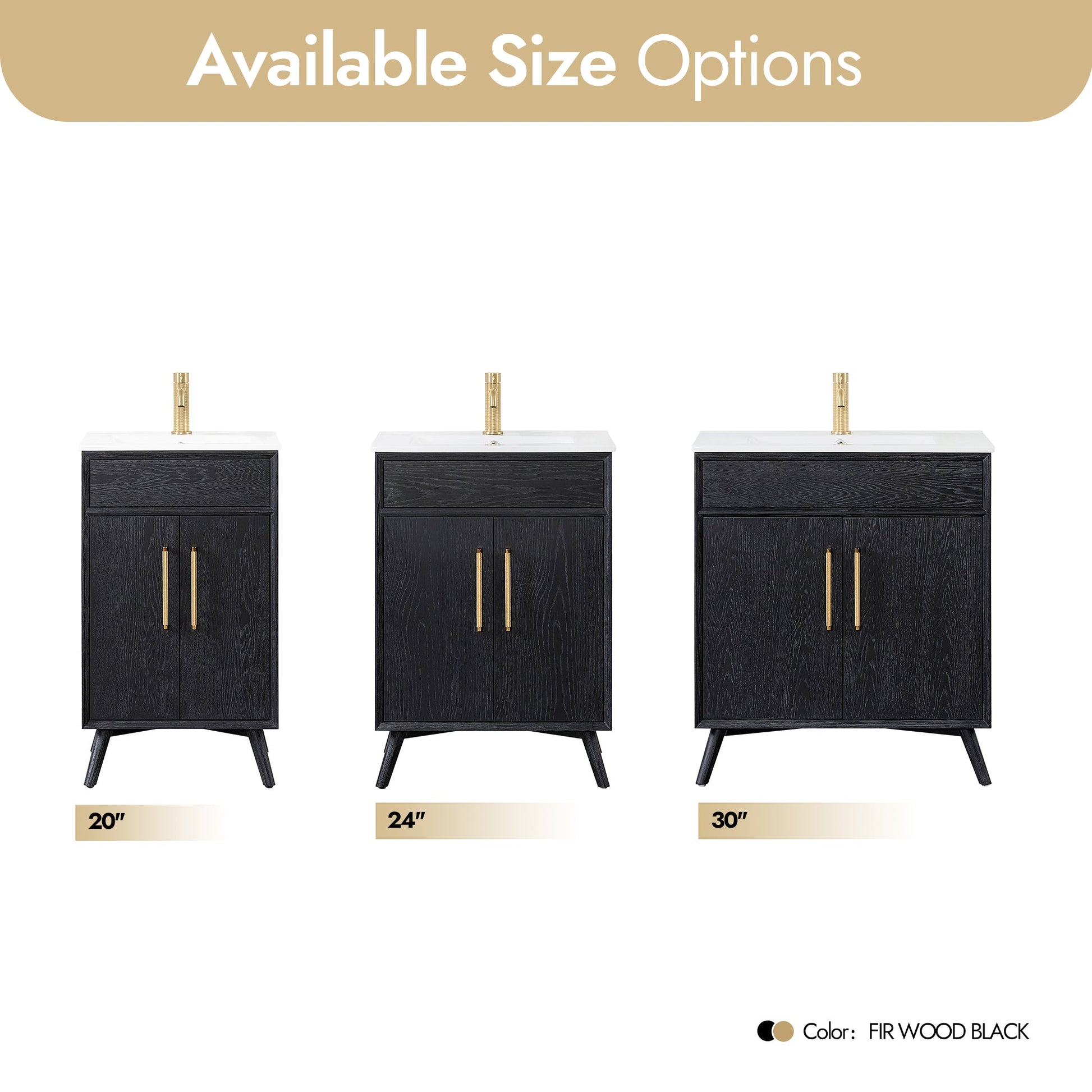 Delhi 24" Free-standing Single Bath Vanity in Fir Wood Black with Drop-In White Ceramic Basin Top