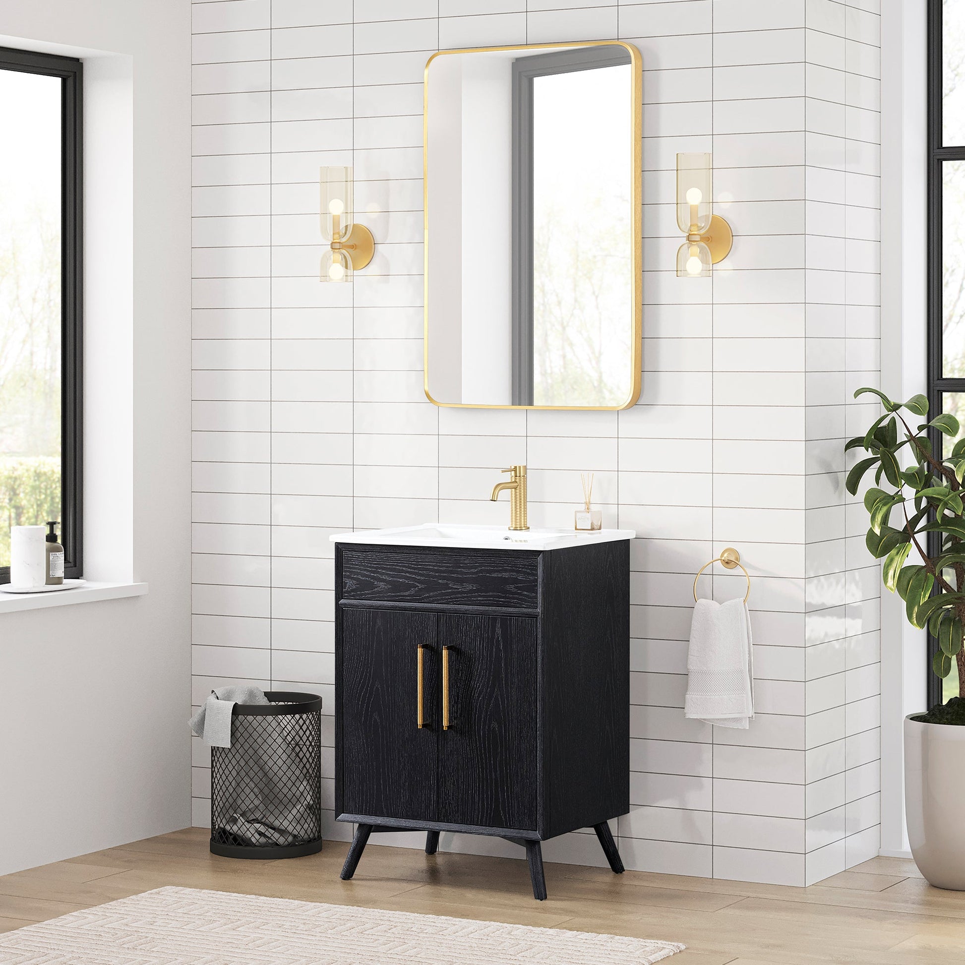 Delhi 24" Free-standing Single Bath Vanity in Fir Wood Black with Drop-In White Ceramic Basin Top