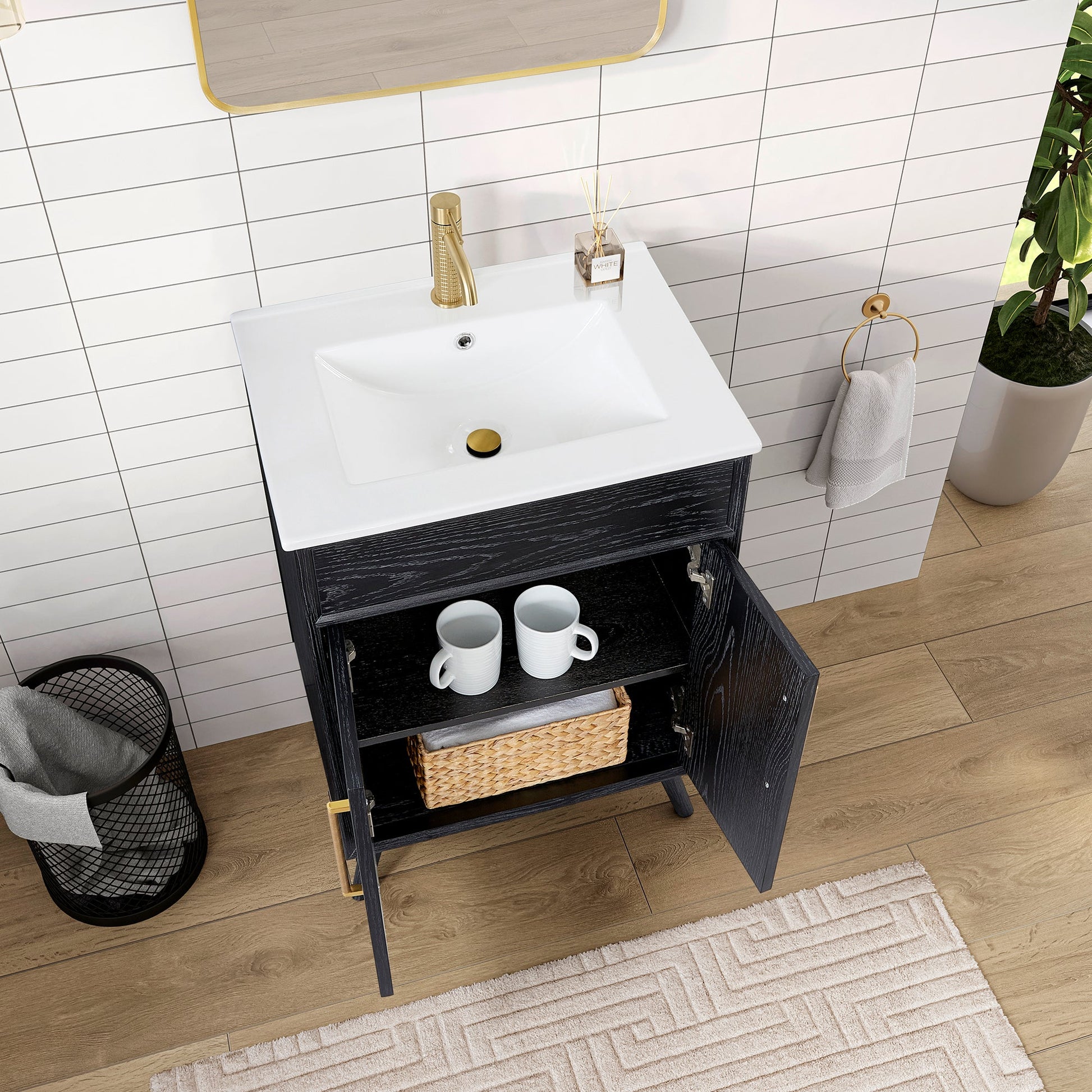 Delhi 24" Free-standing Single Bath Vanity in Fir Wood Black with Drop-In White Ceramic Basin Top