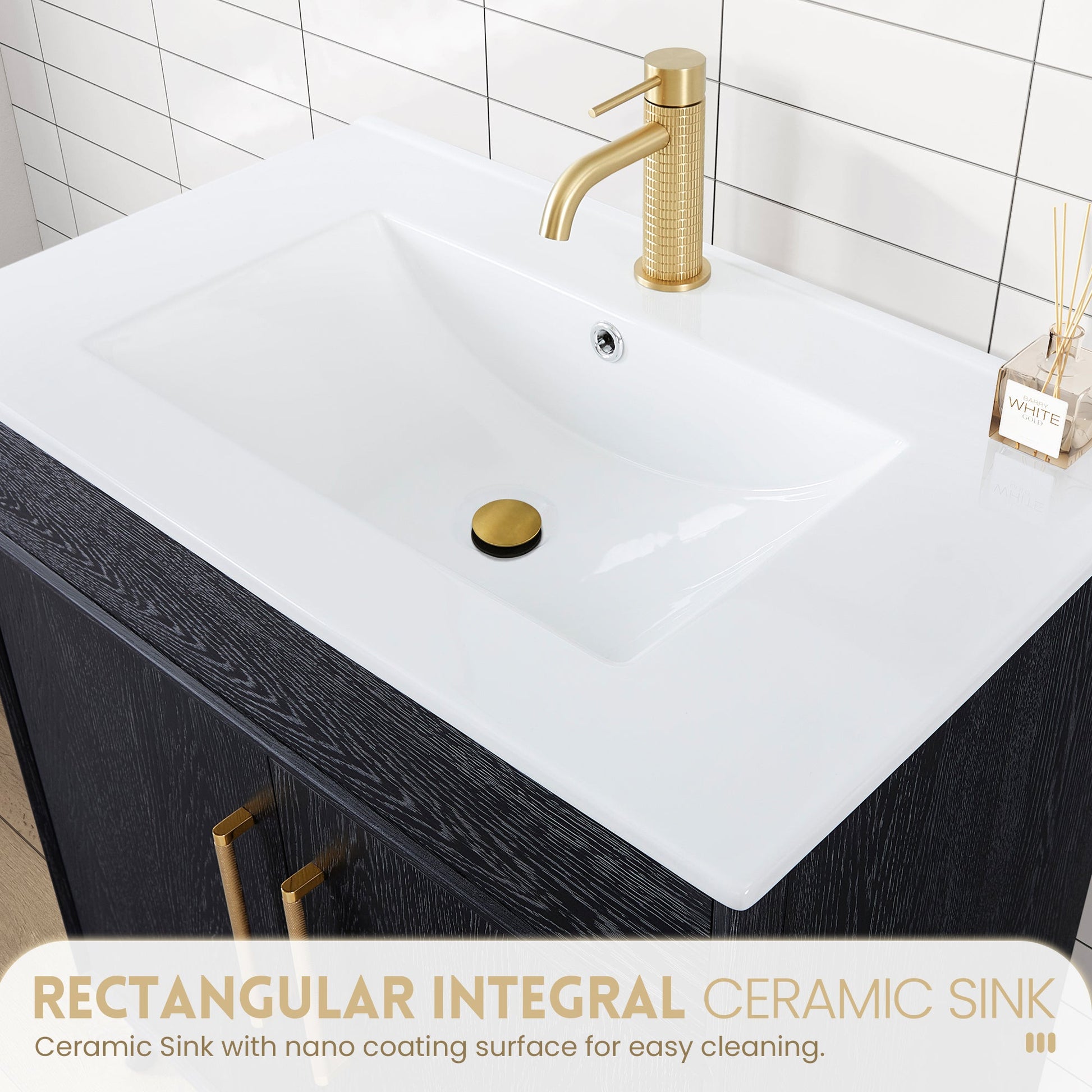 Delhi 24" Free-standing Single Bath Vanity in Fir Wood Black with Drop-In White Ceramic Basin Top