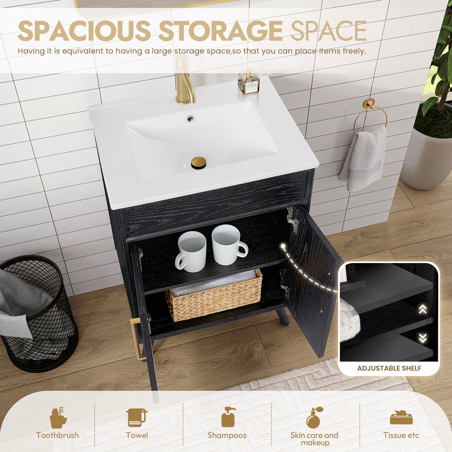 Delhi 24" Free-standing Single Bath Vanity in Fir Wood Black with Drop-In White Ceramic Basin Top