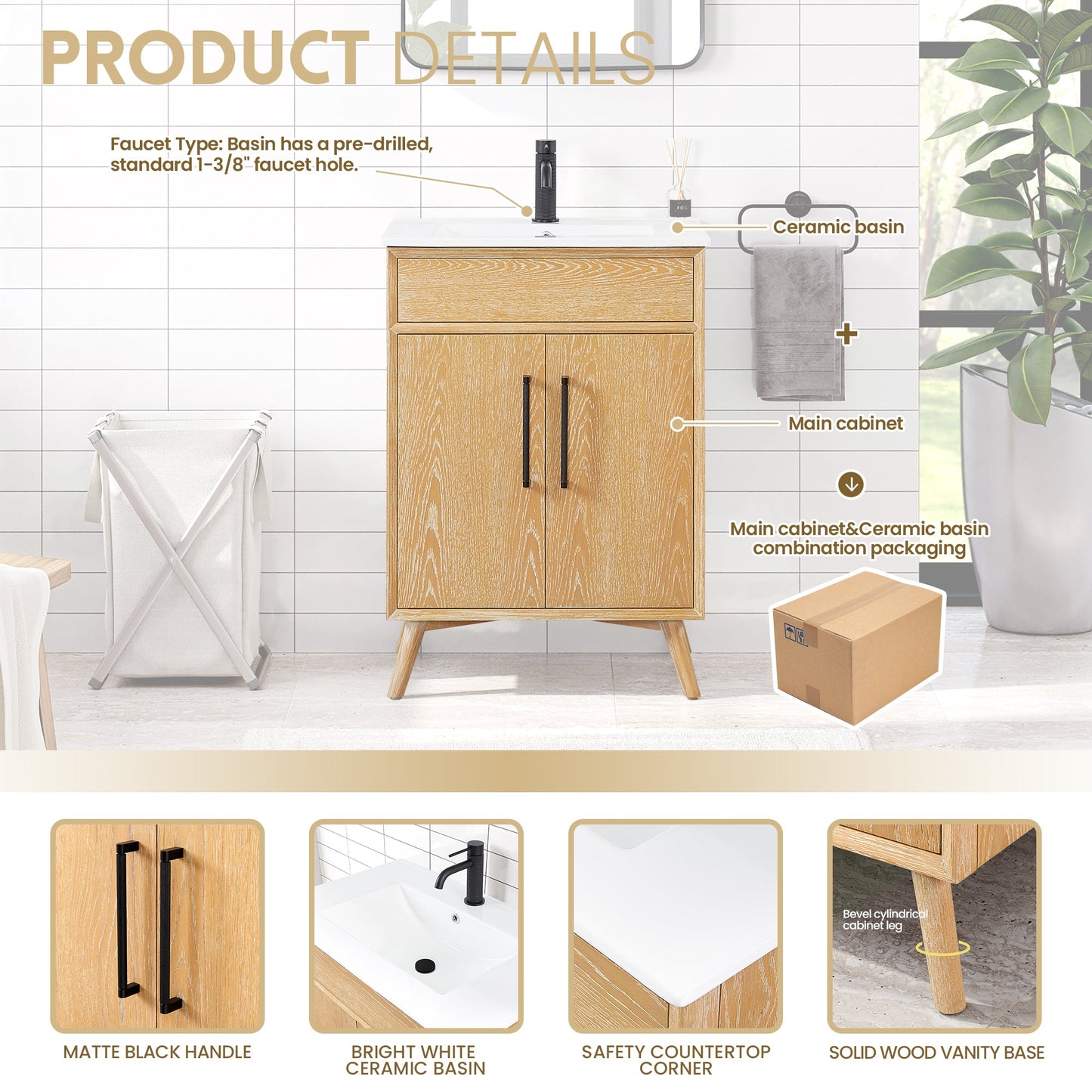 Delhi 24" Free-standing Single Bath Vanity in Washed Ash Grey with Drop-In White Ceramic Basin Top