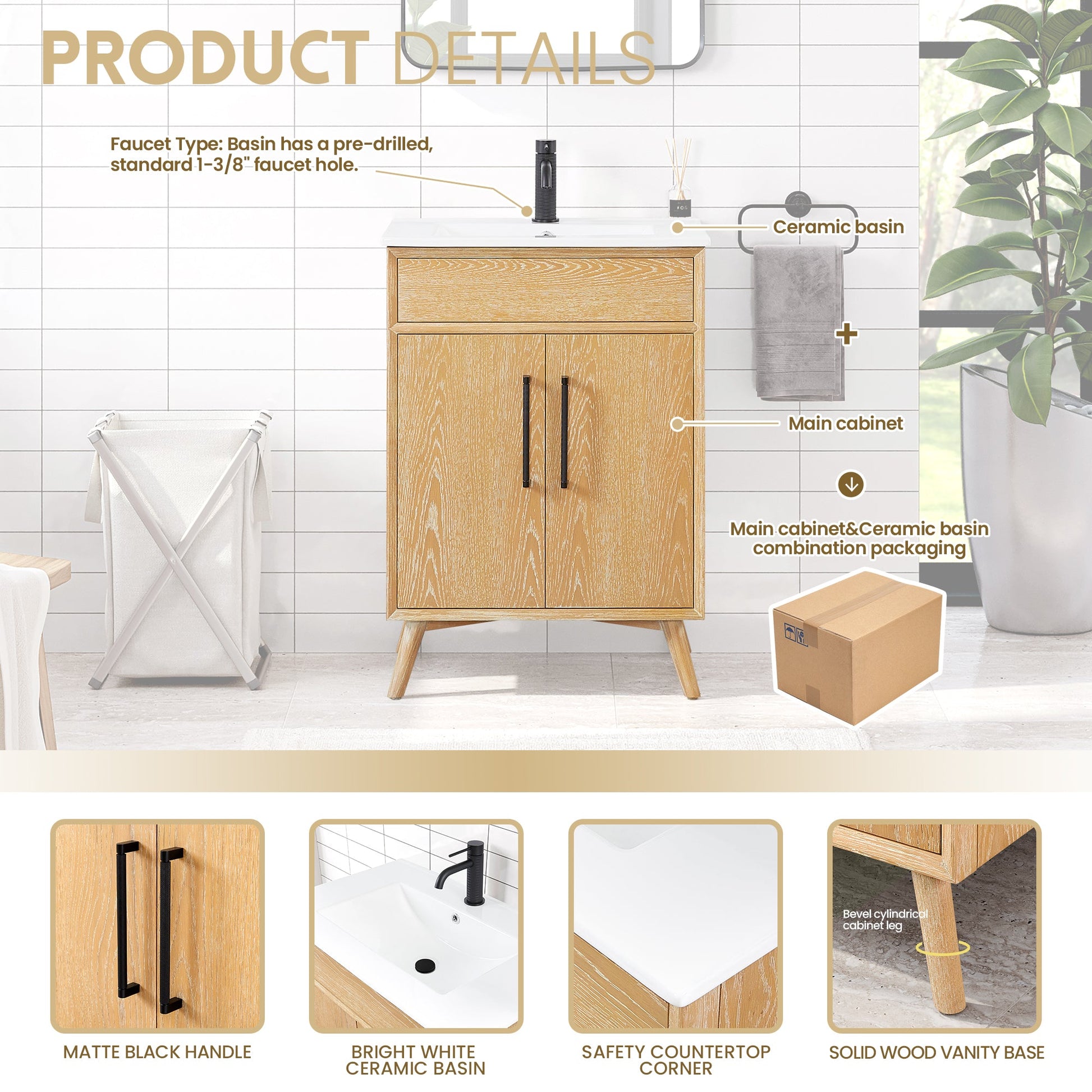 Delhi 24" Free-standing Single Bath Vanity in Washed Ash Grey with Drop-In White Ceramic Basin Top