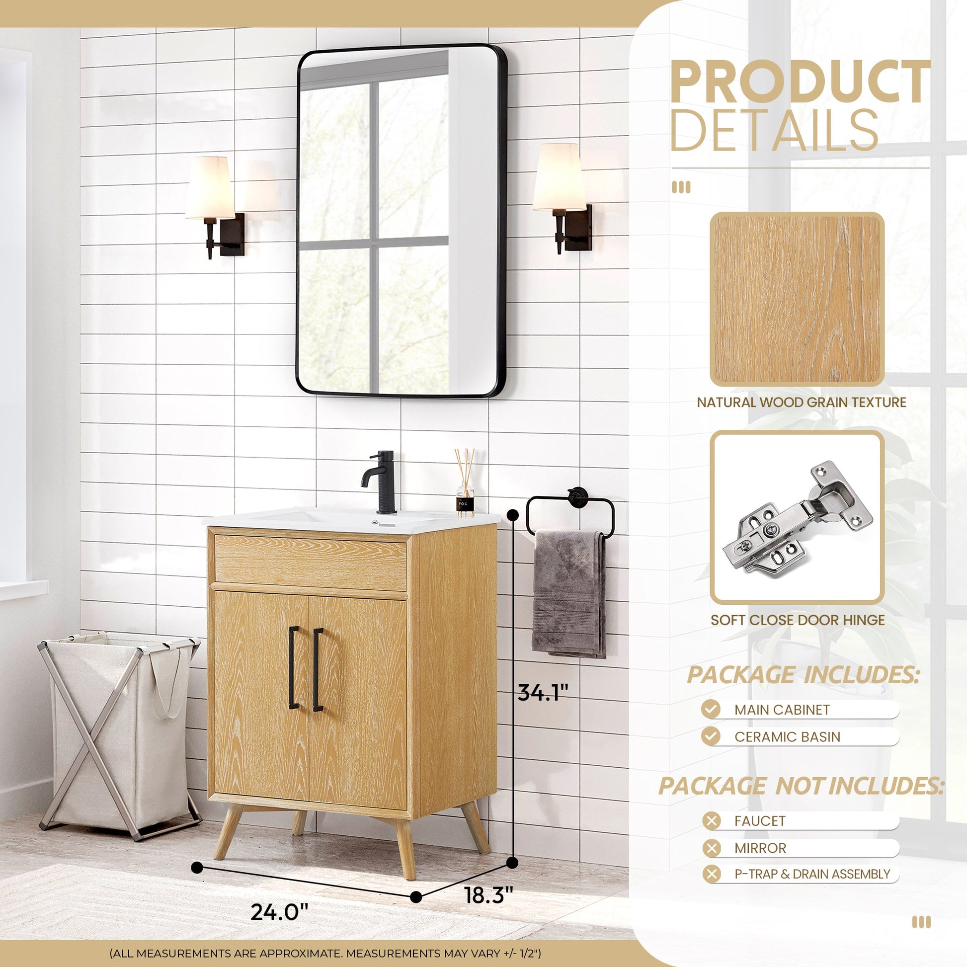 Delhi 24" Free-standing Single Bath Vanity in Washed Ash Grey with Drop-In White Ceramic Basin Top