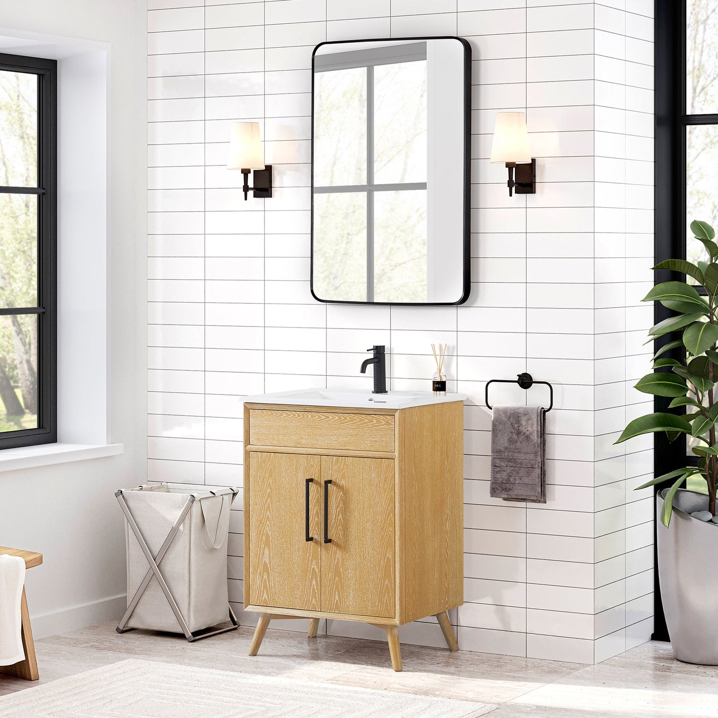 Delhi 24" Free-standing Single Bath Vanity in Washed Ash Grey with Drop-In White Ceramic Basin Top