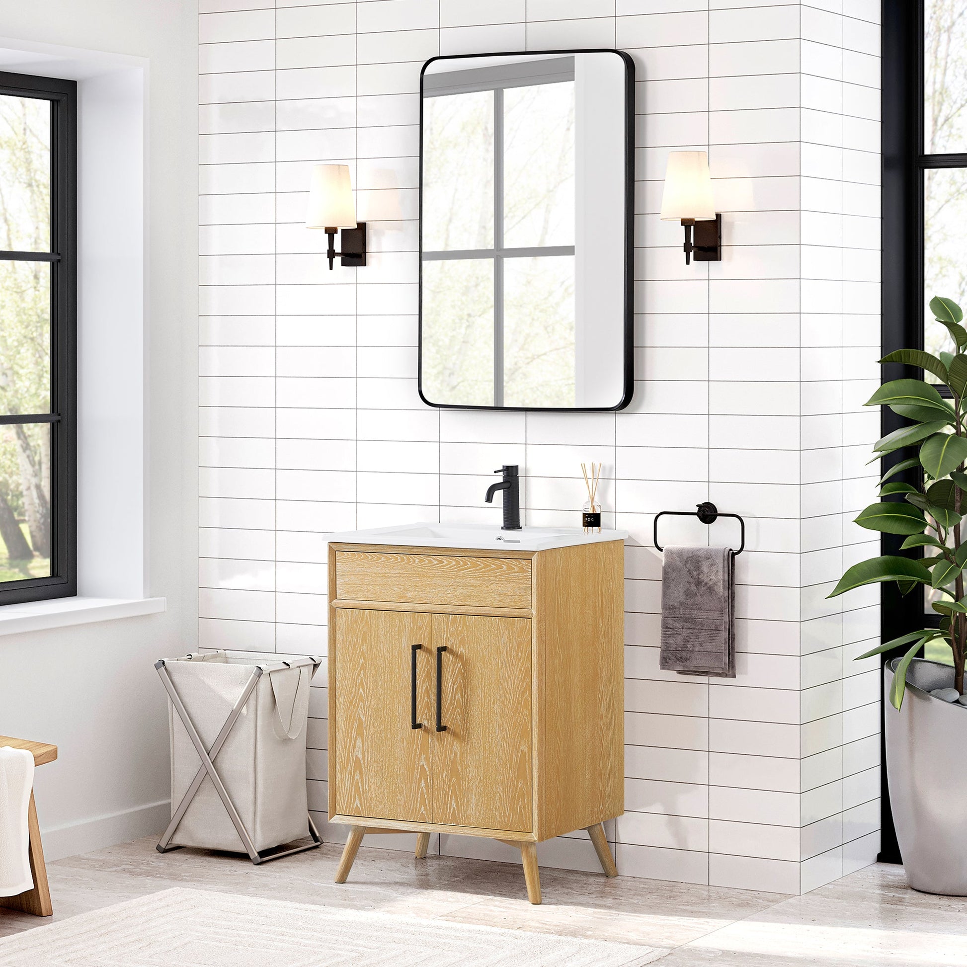 Delhi 24" Free-standing Single Bath Vanity in Washed Ash Grey with Drop-In White Ceramic Basin Top
