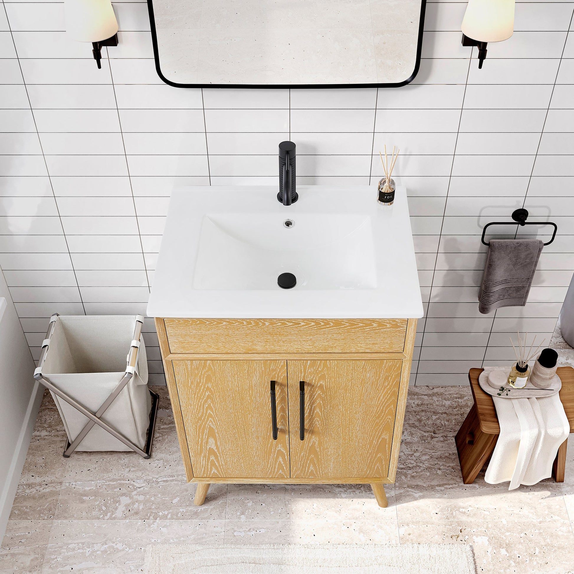 Delhi 24" Free-standing Single Bath Vanity in Washed Ash Grey with Drop-In White Ceramic Basin Top