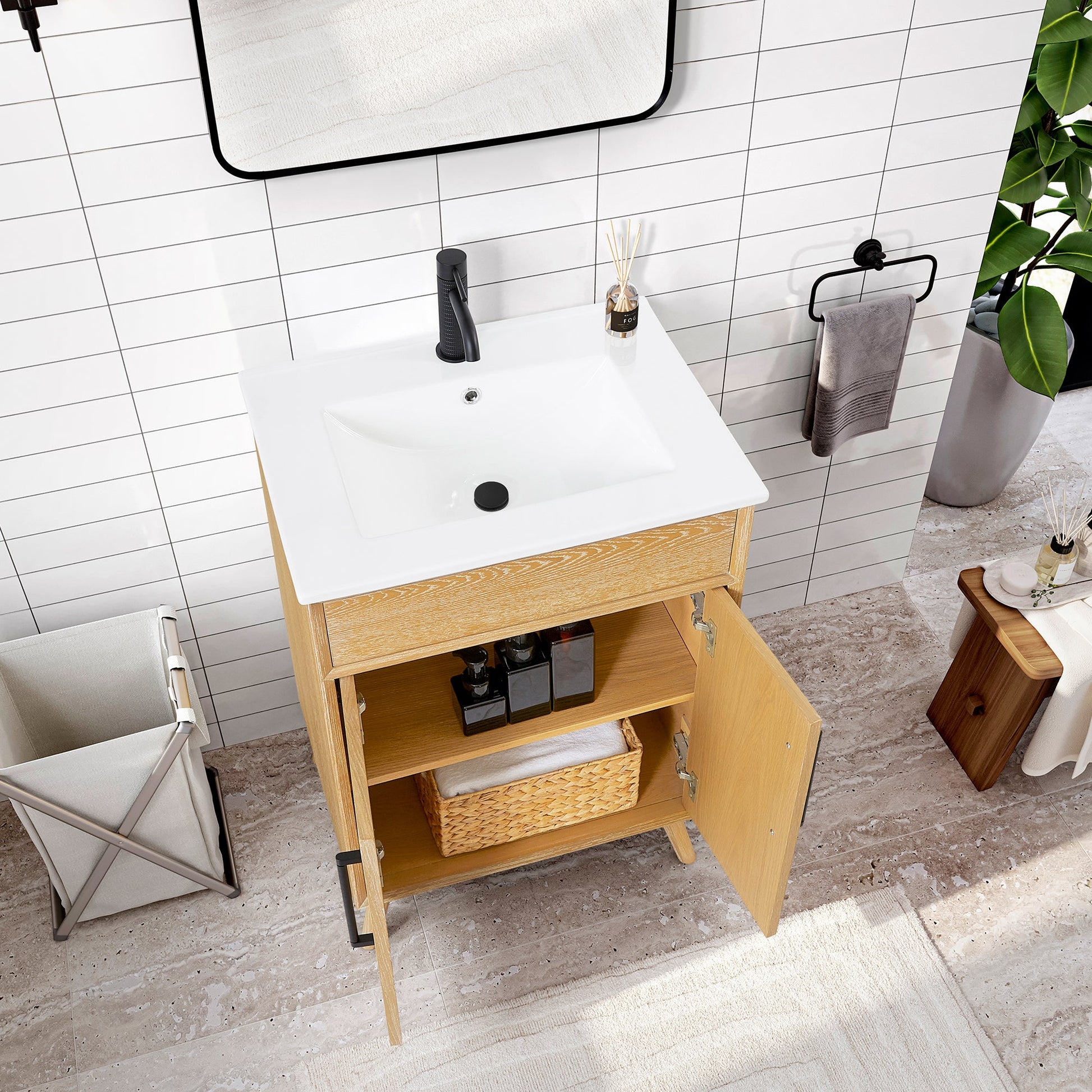 Delhi 24" Free-standing Single Bath Vanity in Washed Ash Grey with Drop-In White Ceramic Basin Top