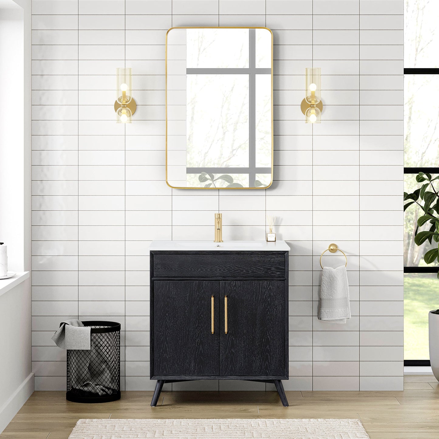 Delhi 30" Free-standing Single Bath Vanity in Fir Wood Black with Drop-In White Ceramic Basin Top