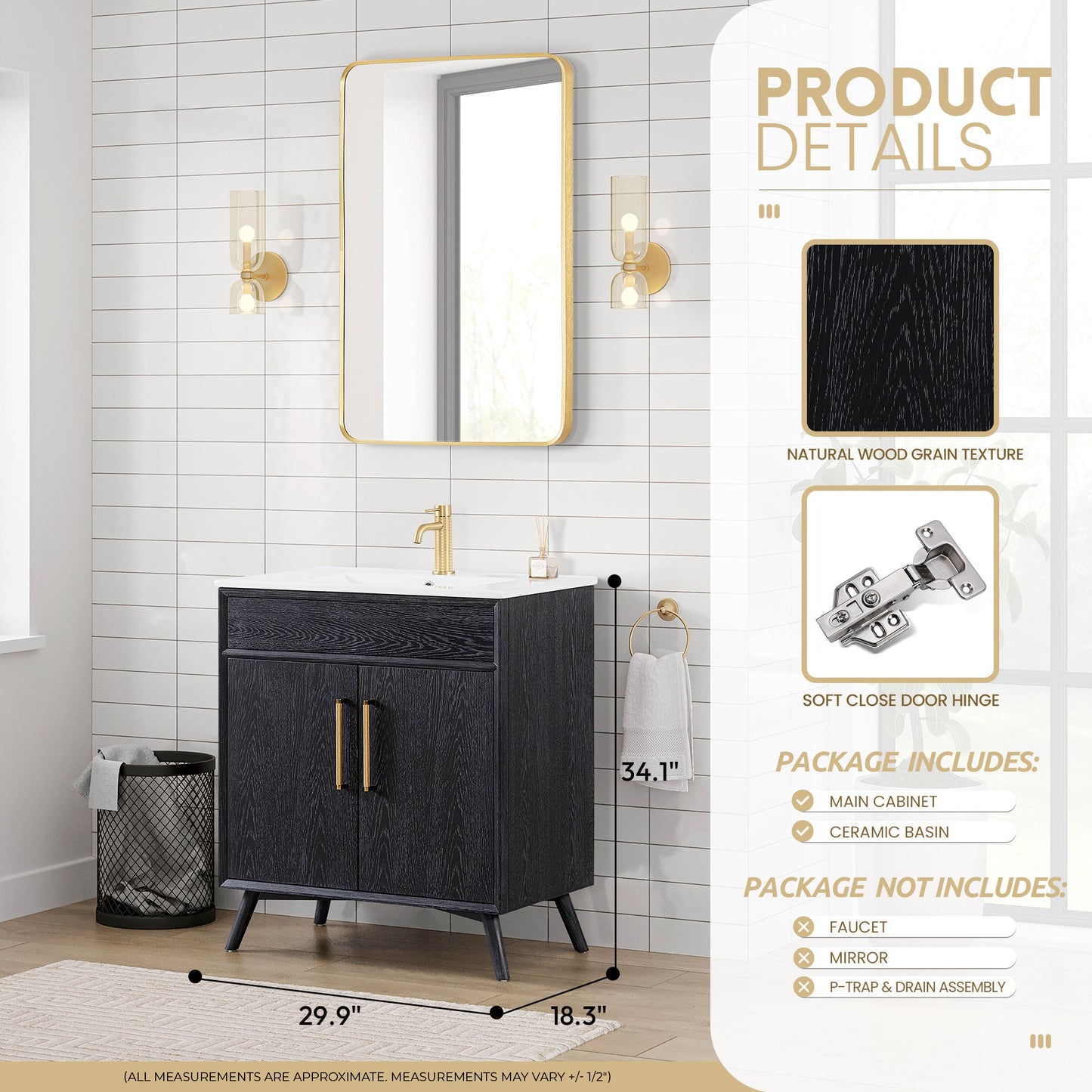 Delhi 30" Free-standing Single Bath Vanity in Fir Wood Black with Drop-In White Ceramic Basin Top