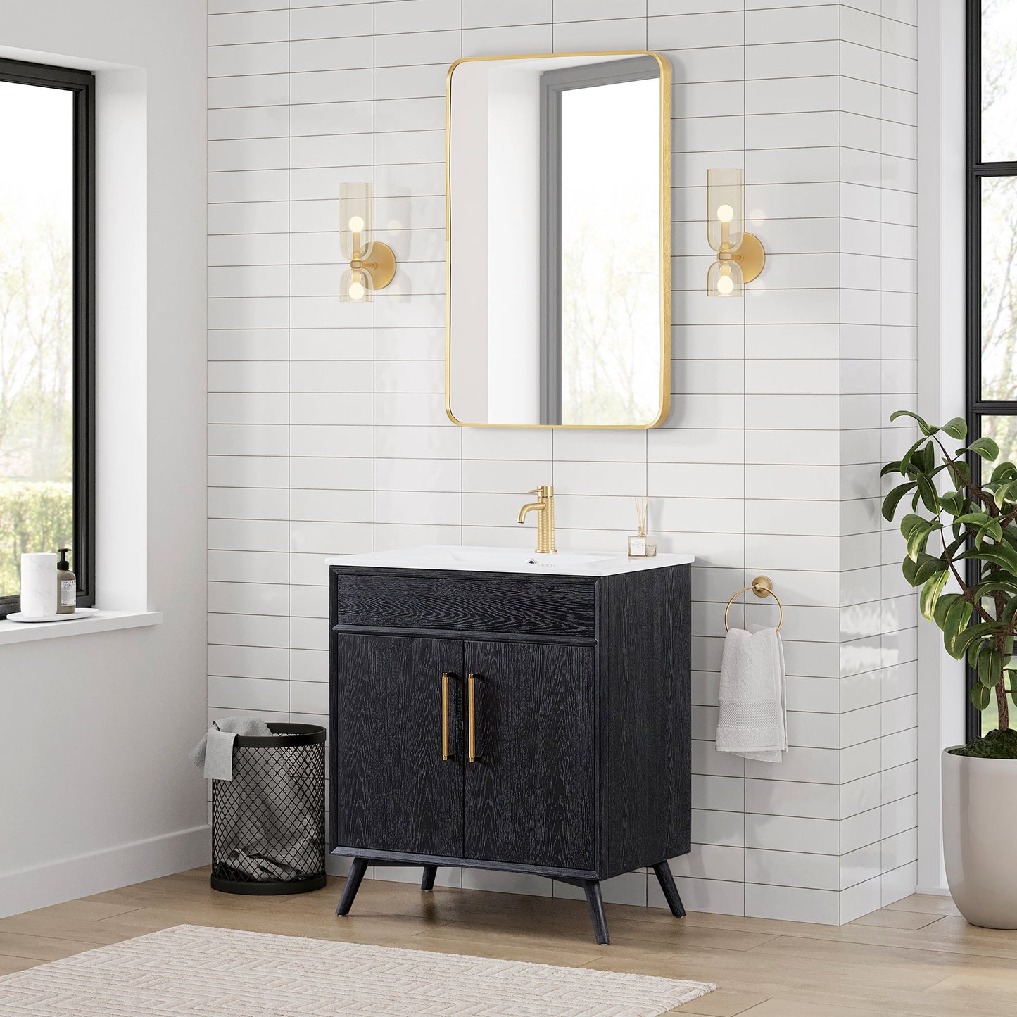 Delhi 30" Free-standing Single Bath Vanity in Fir Wood Black with Drop-In White Ceramic Basin Top