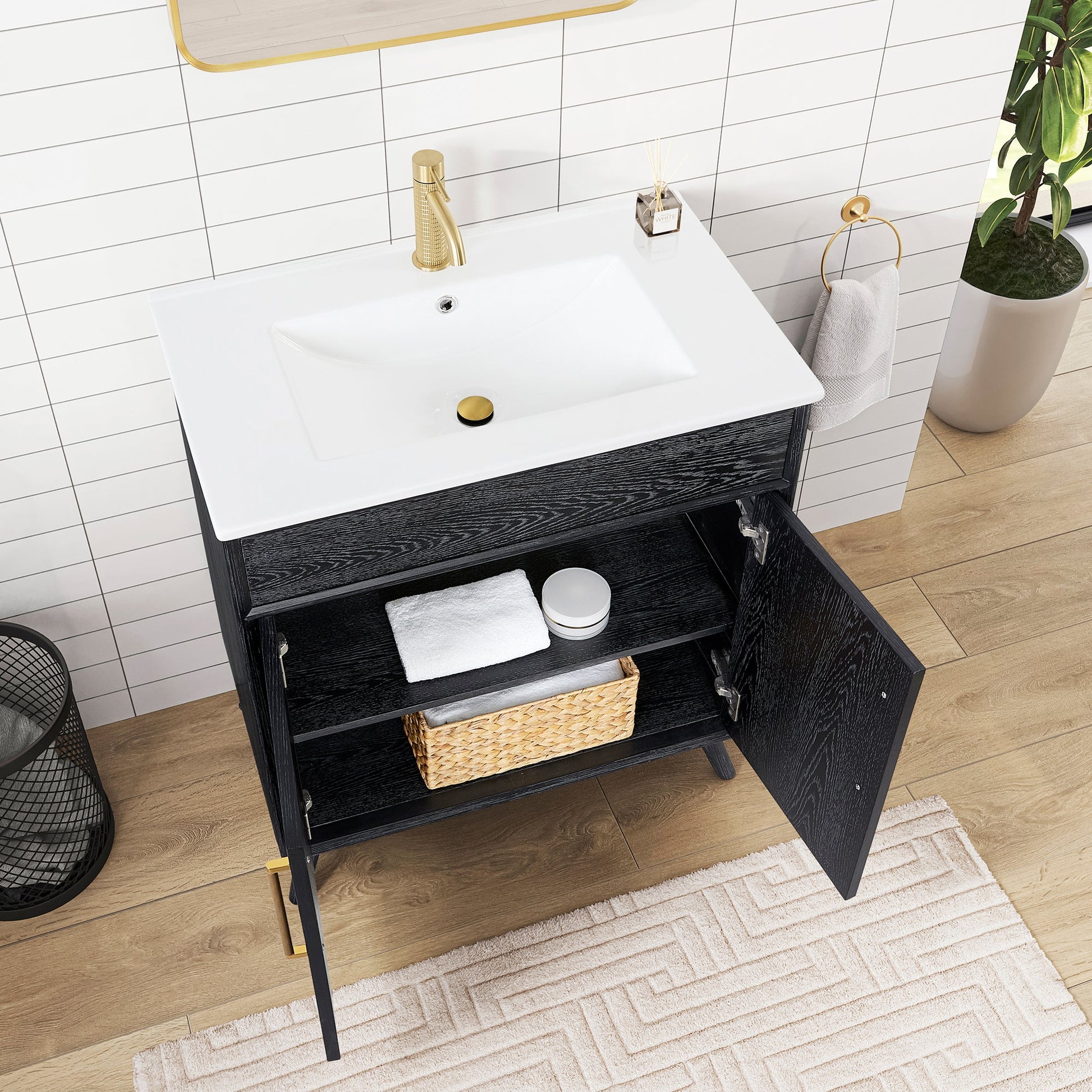 Delhi 30" Free-standing Single Bath Vanity in Fir Wood Black with Drop-In White Ceramic Basin Top