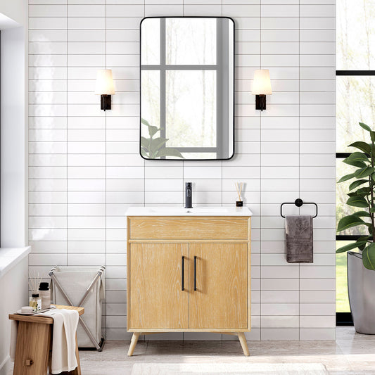 Delhi 30" Free-standing Single Bath Vanity in Washed Ash Grey with Drop-In White Ceramic Basin Top