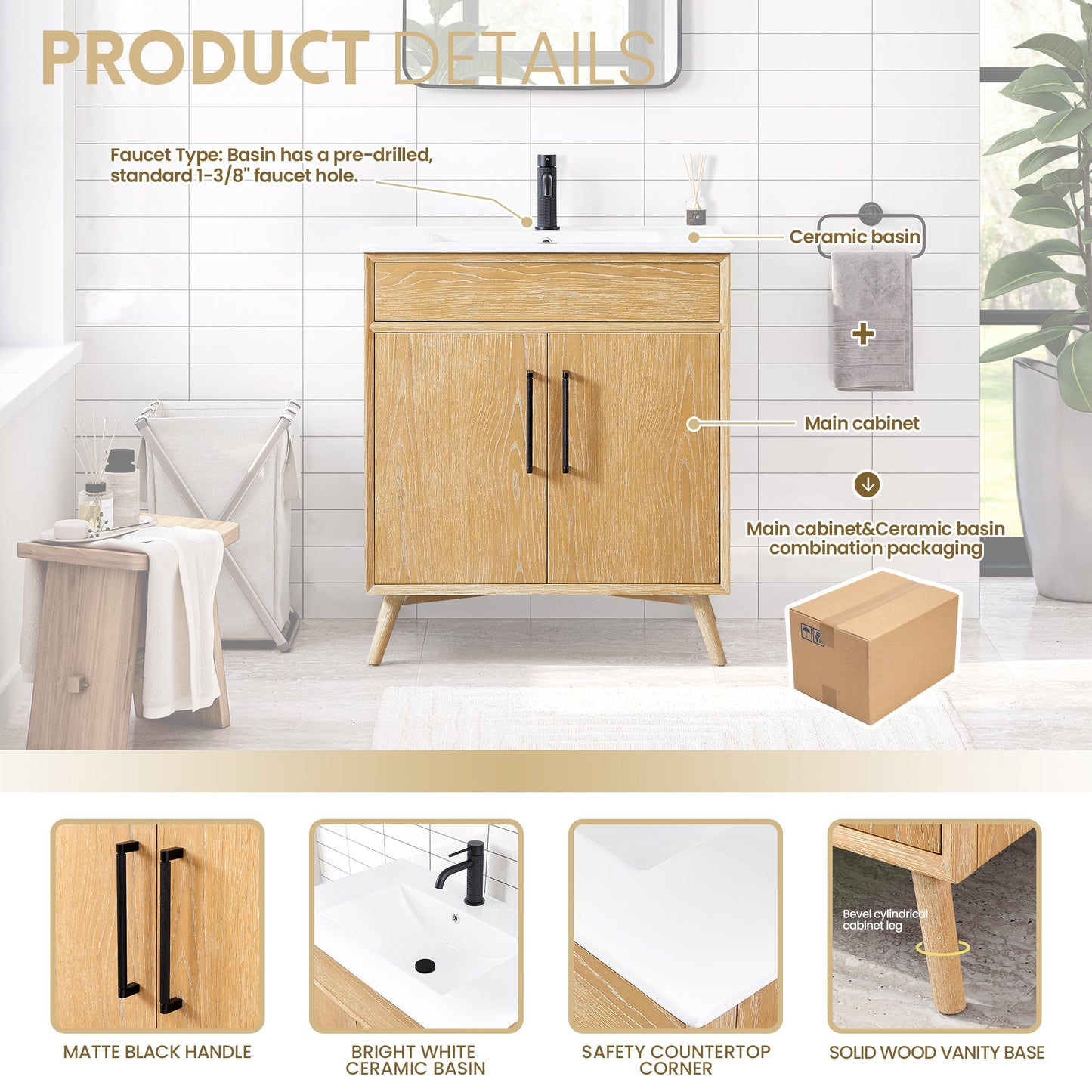 Delhi 30" Free-standing Single Bath Vanity in Washed Ash Grey with Drop-In White Ceramic Basin Top