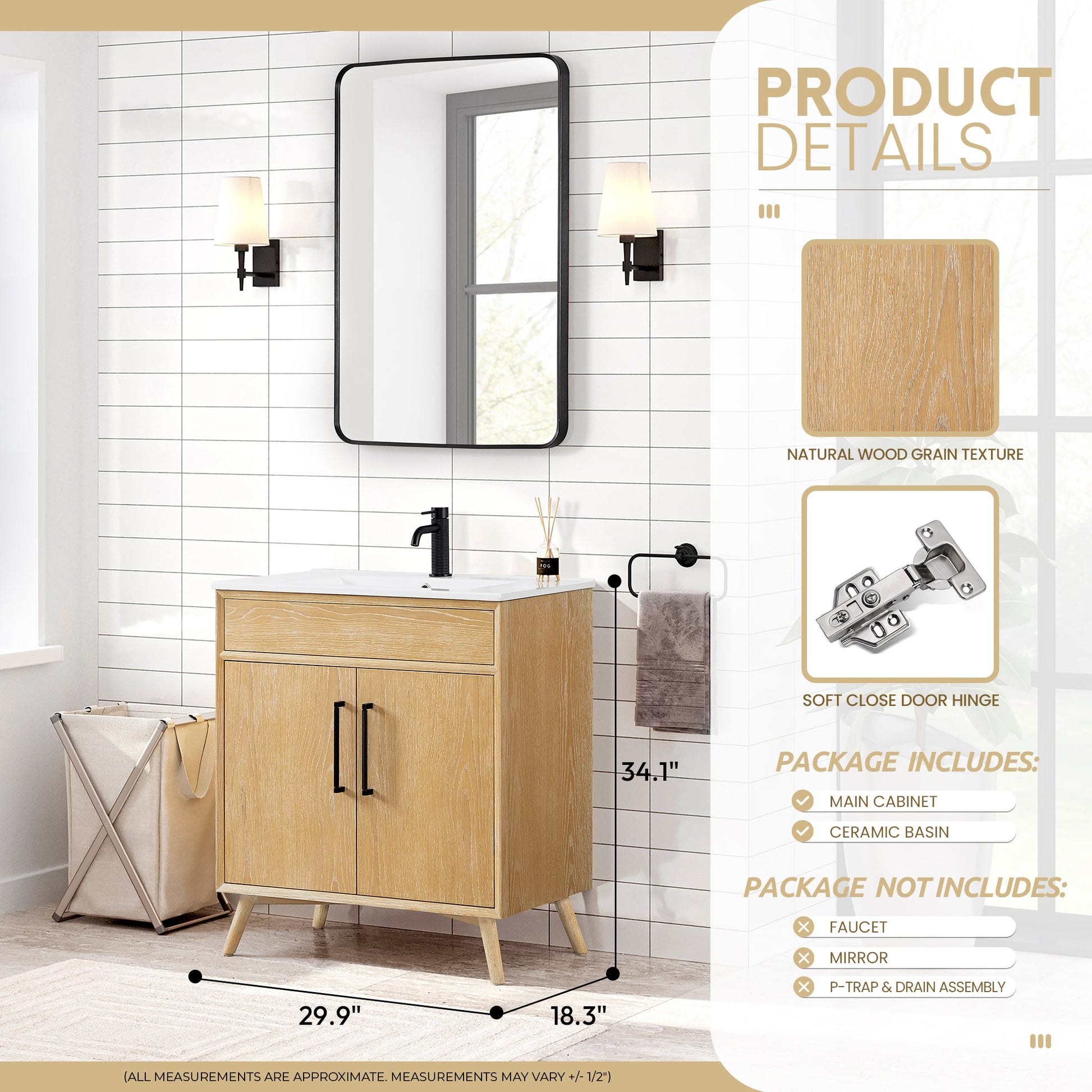 Delhi 30" Free-standing Single Bath Vanity in Washed Ash Grey with Drop-In White Ceramic Basin Top