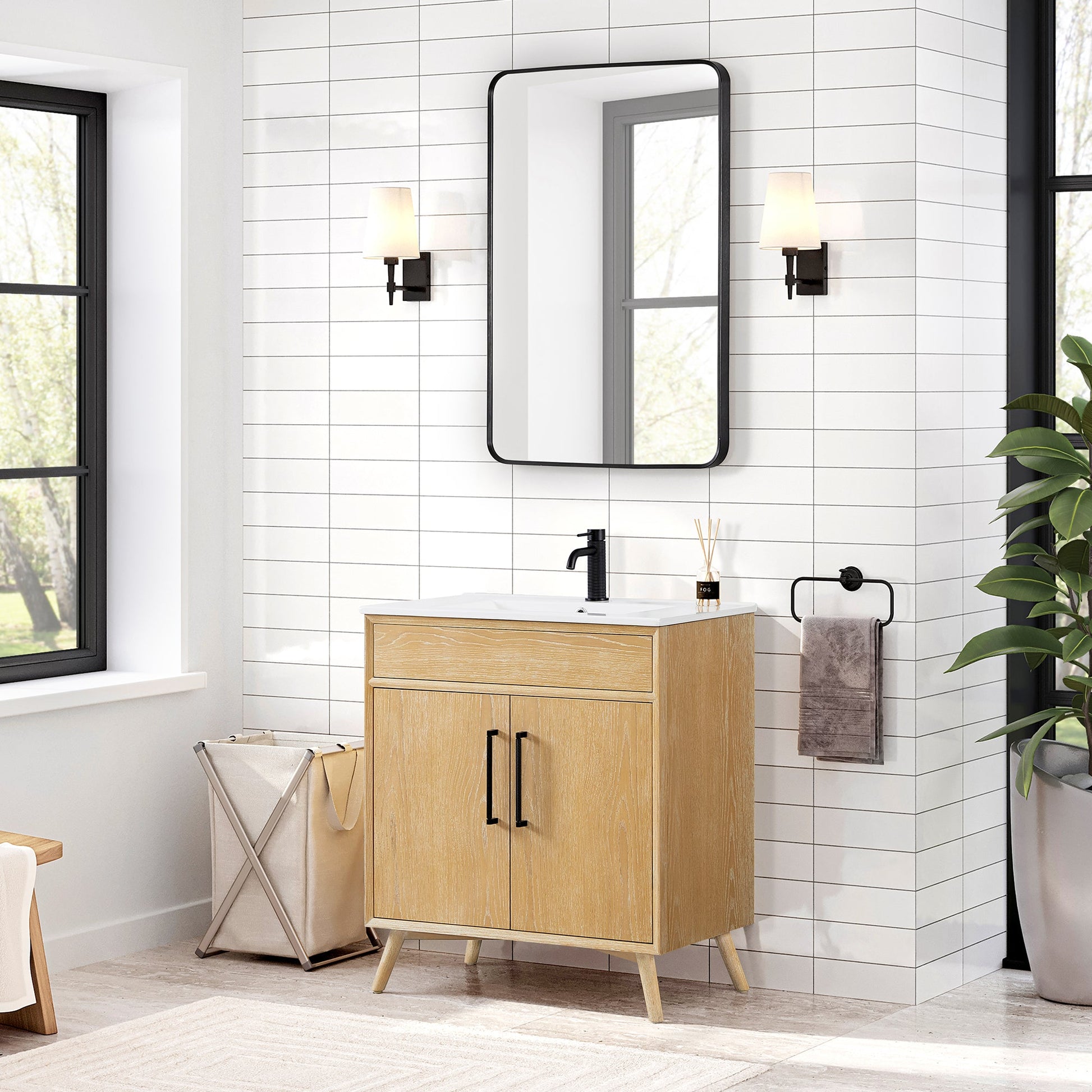 Delhi 30" Free-standing Single Bath Vanity in Washed Ash Grey with Drop-In White Ceramic Basin Top