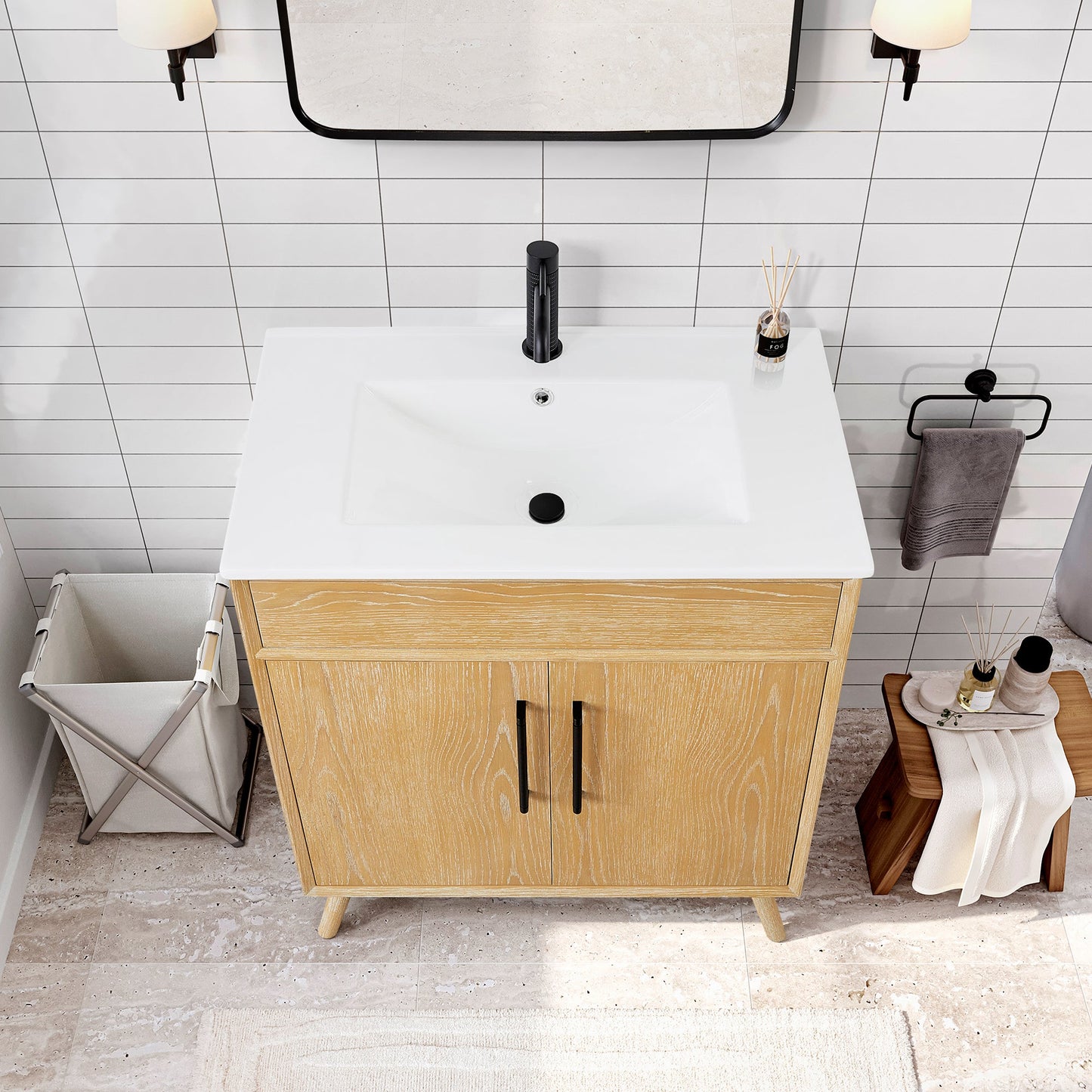 Delhi 30" Free-standing Single Bath Vanity in Washed Ash Grey with Drop-In White Ceramic Basin Top