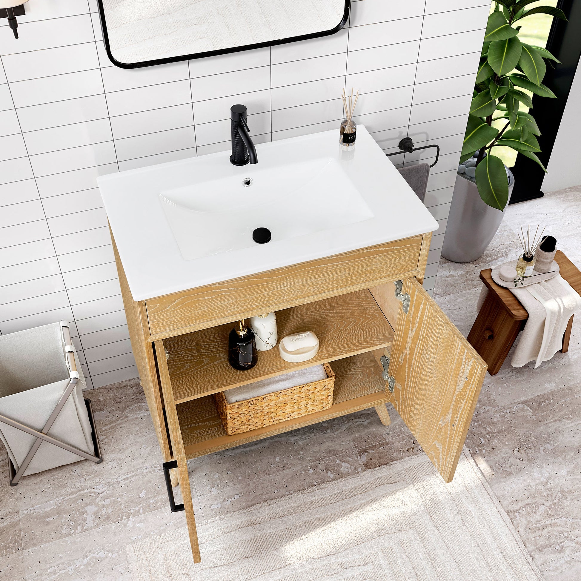 Delhi 30" Free-standing Single Bath Vanity in Washed Ash Grey with Drop-In White Ceramic Basin Top