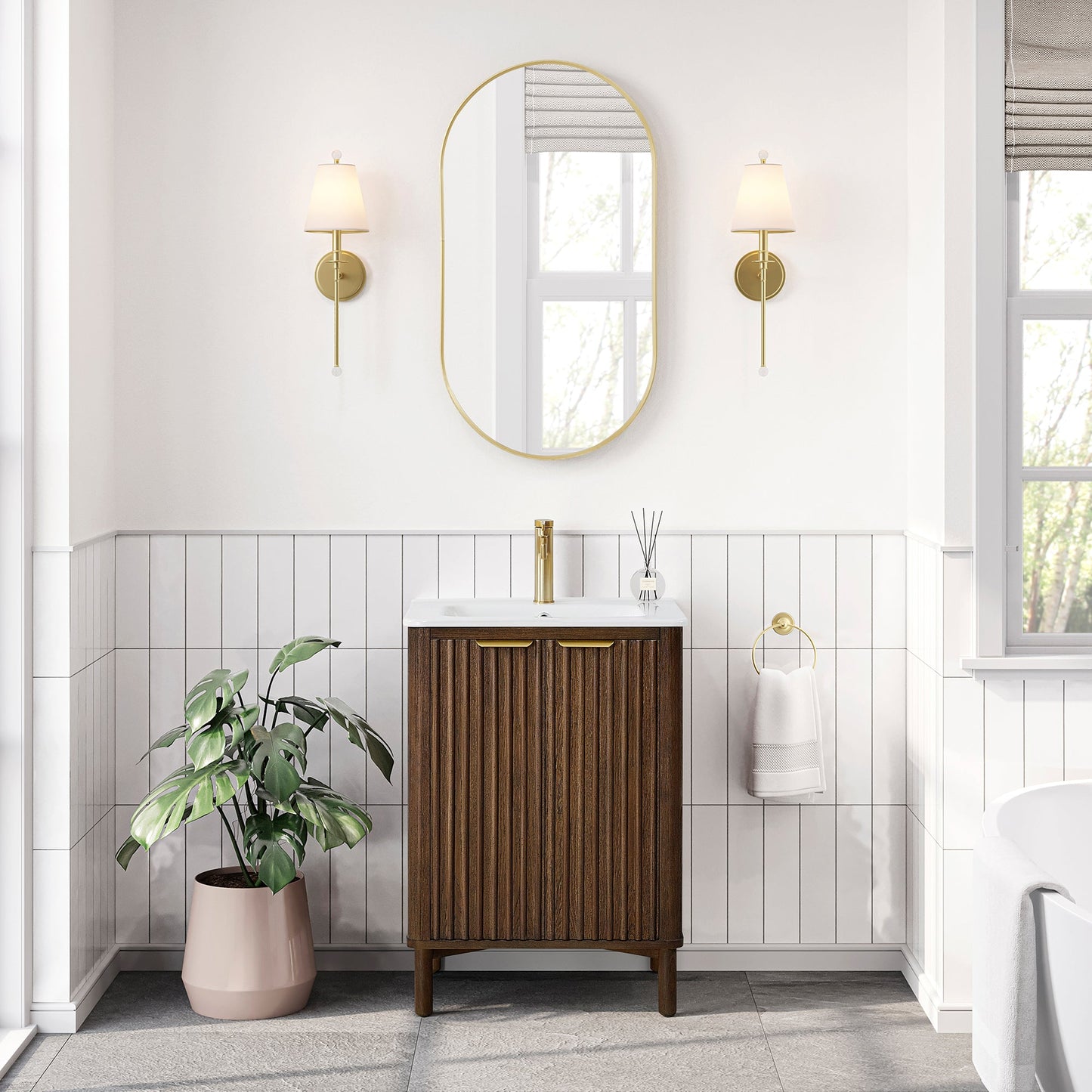 Mumbai 24" Free-standing Single Bath Vanity in Aged Dark Brown Oak with Drop-In White Ceramic Basin Top