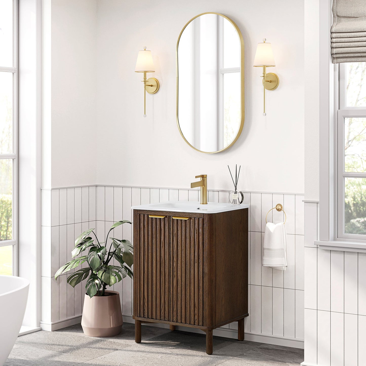 Mumbai 24" Free-standing Single Bath Vanity in Aged Dark Brown Oak with Drop-In White Ceramic Basin Top