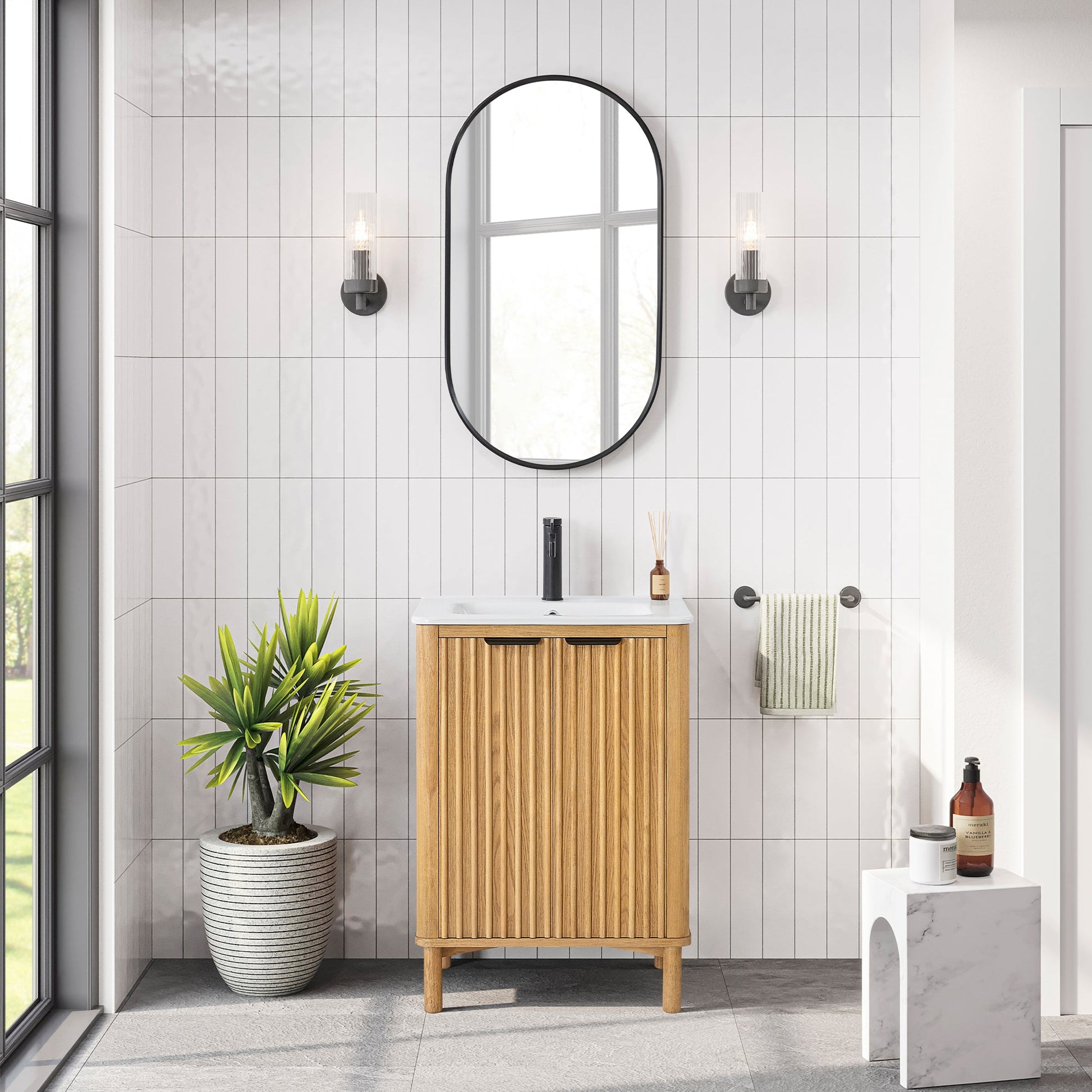 Mumbai 24" Free-standing Single Bath Vanity in Oak Weathering Light Brown with Drop-In White Ceramic Basin Top