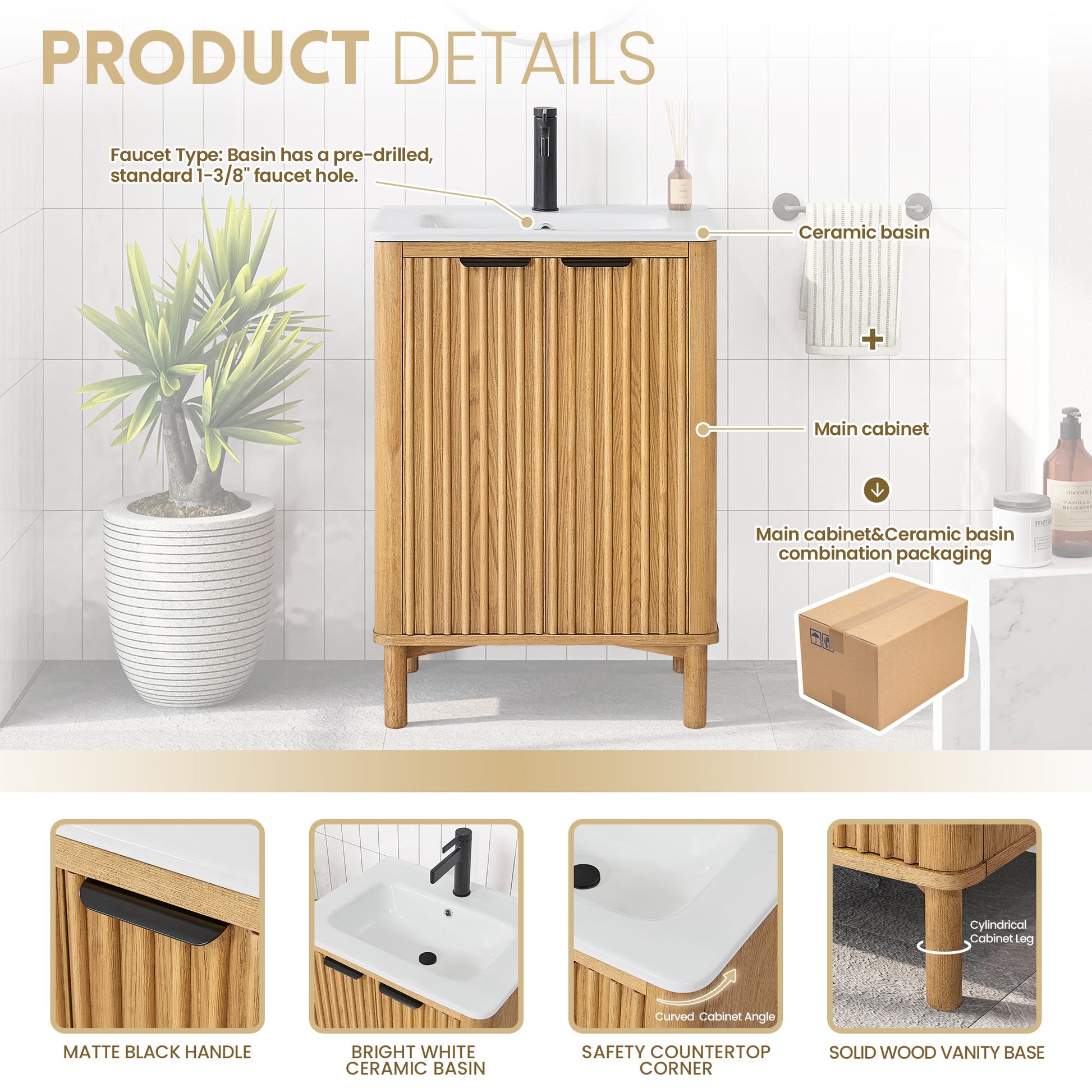Mumbai 24" Free-standing Single Bath Vanity in Oak Weathering Light Brown with Drop-In White Ceramic Basin Top