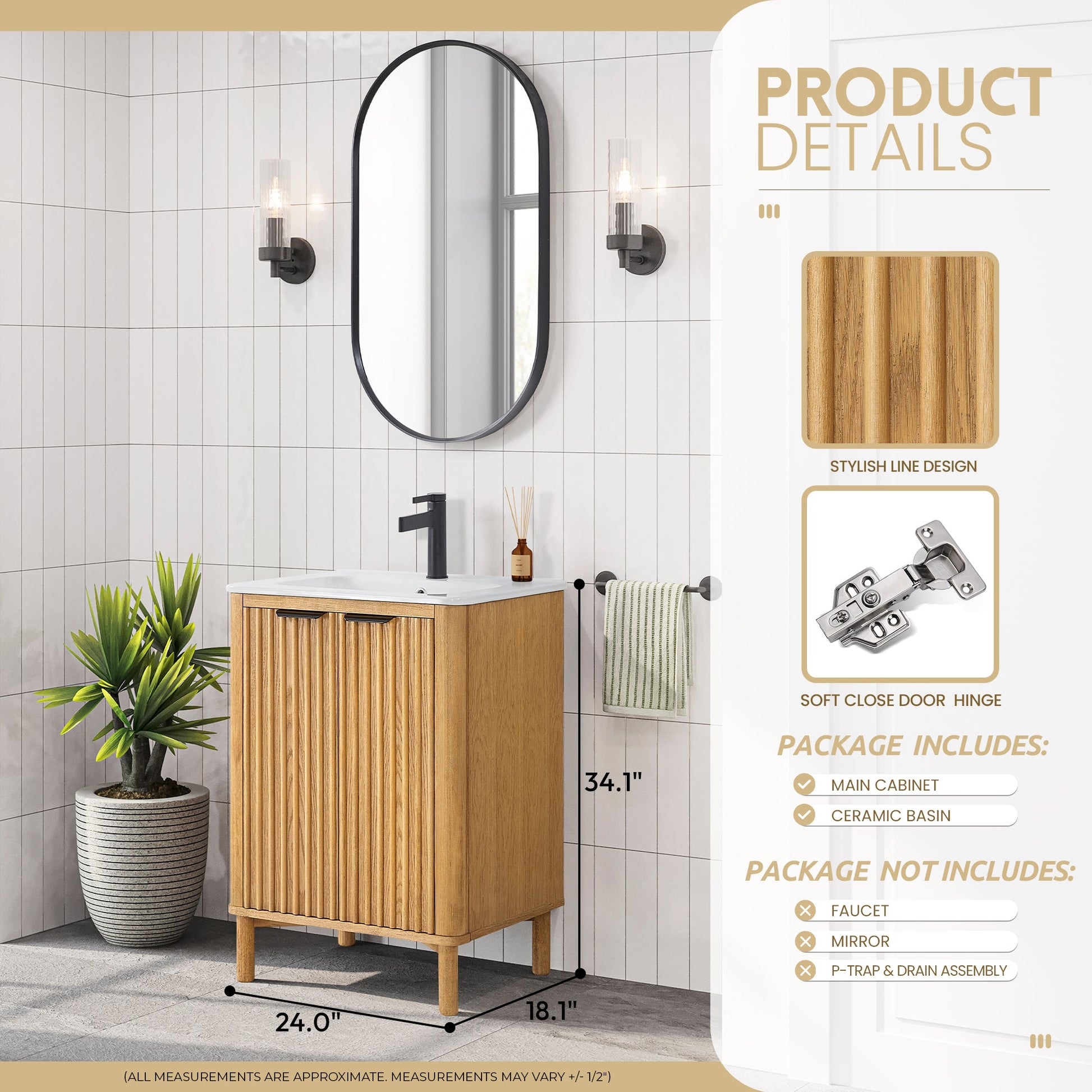 Mumbai 24" Free-standing Single Bath Vanity in Oak Weathering Light Brown with Drop-In White Ceramic Basin Top