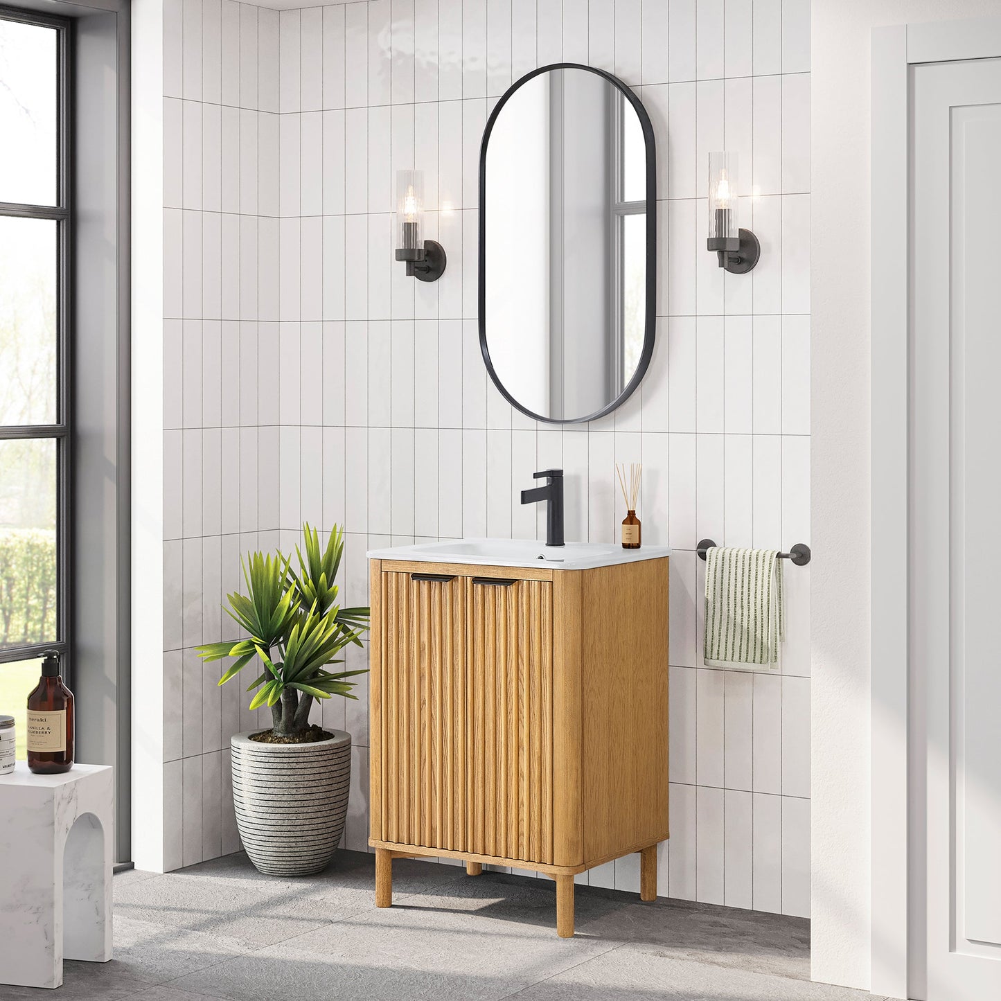 Mumbai 24" Free-standing Single Bath Vanity in Oak Weathering Light Brown with Drop-In White Ceramic Basin Top