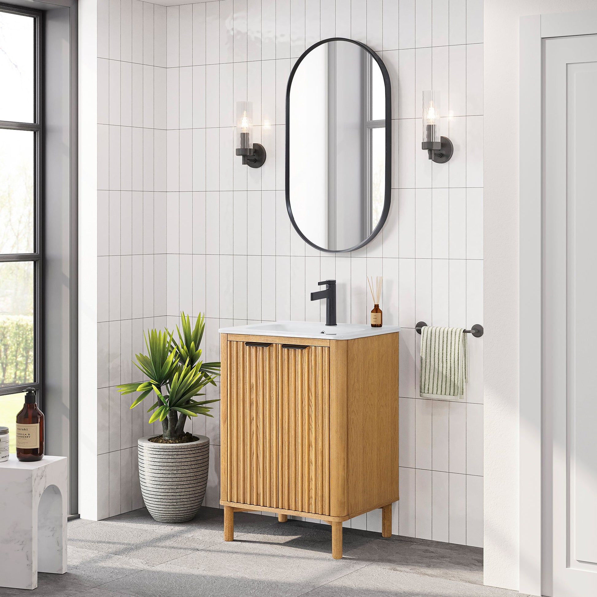 Mumbai 24" Free-standing Single Bath Vanity in Oak Weathering Light Brown with Drop-In White Ceramic Basin Top