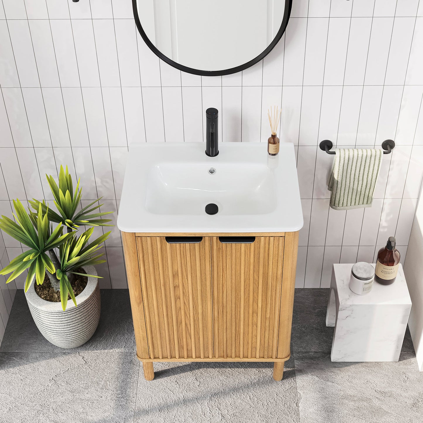 Mumbai 24" Free-standing Single Bath Vanity in Oak Weathering Light Brown with Drop-In White Ceramic Basin Top