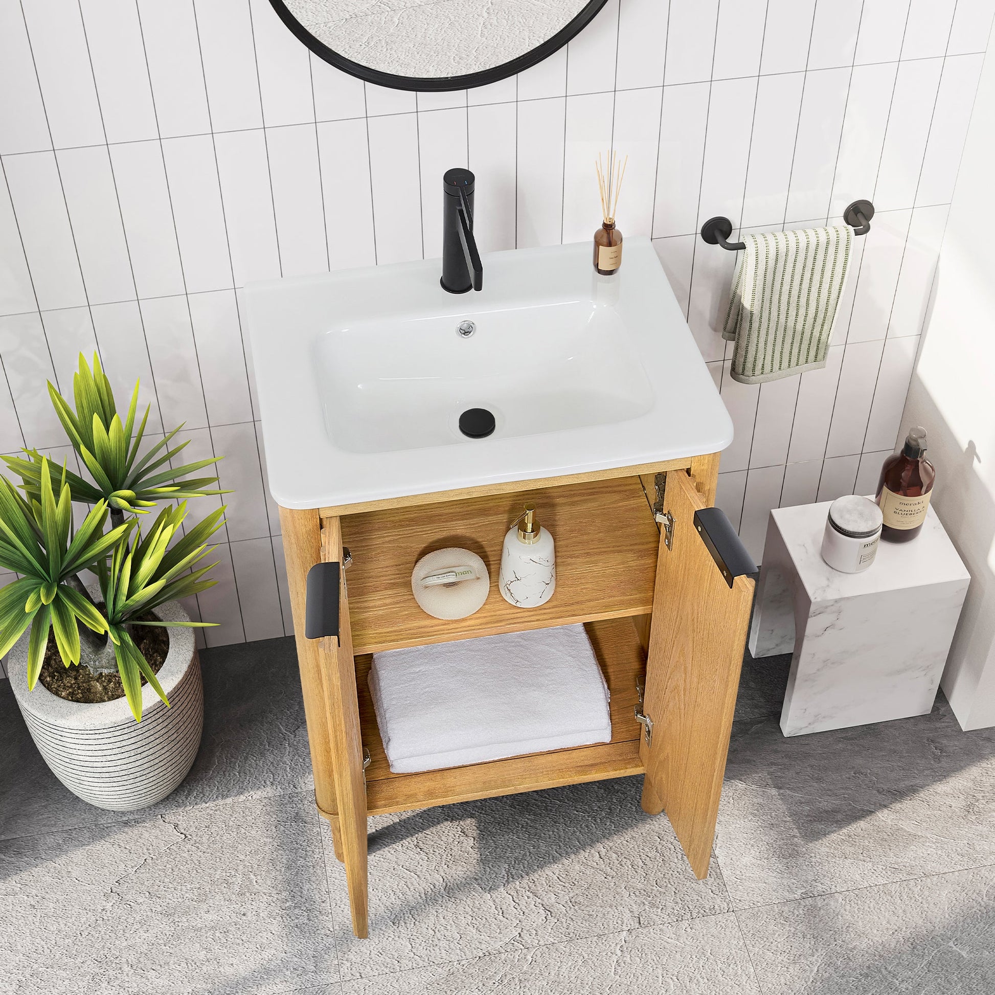 Mumbai 24" Free-standing Single Bath Vanity in Oak Weathering Light Brown with Drop-In White Ceramic Basin Top