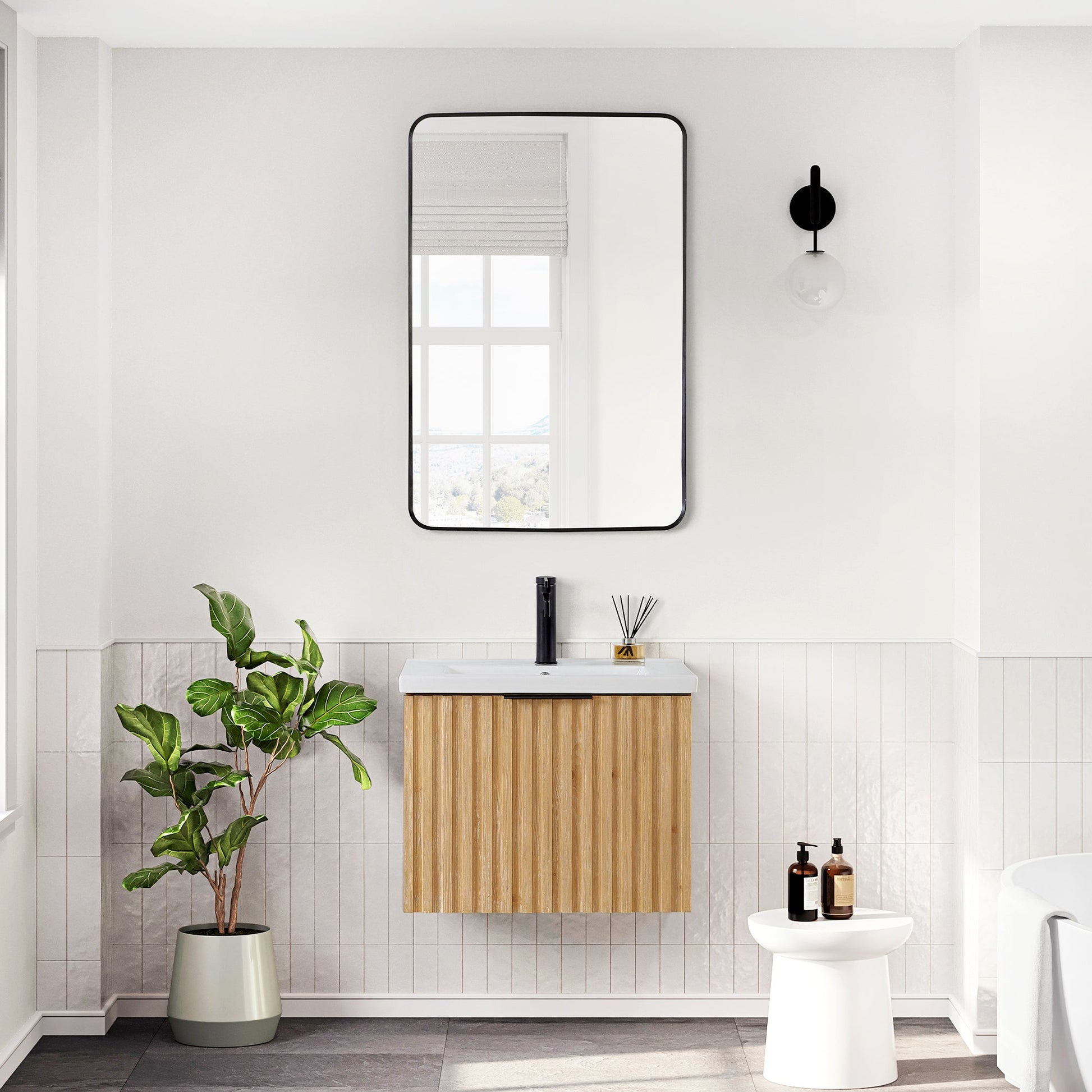 Manila Floating Single Bath Vanity in Washed Ash Grey with Drop-In White Ceramic Basin Top