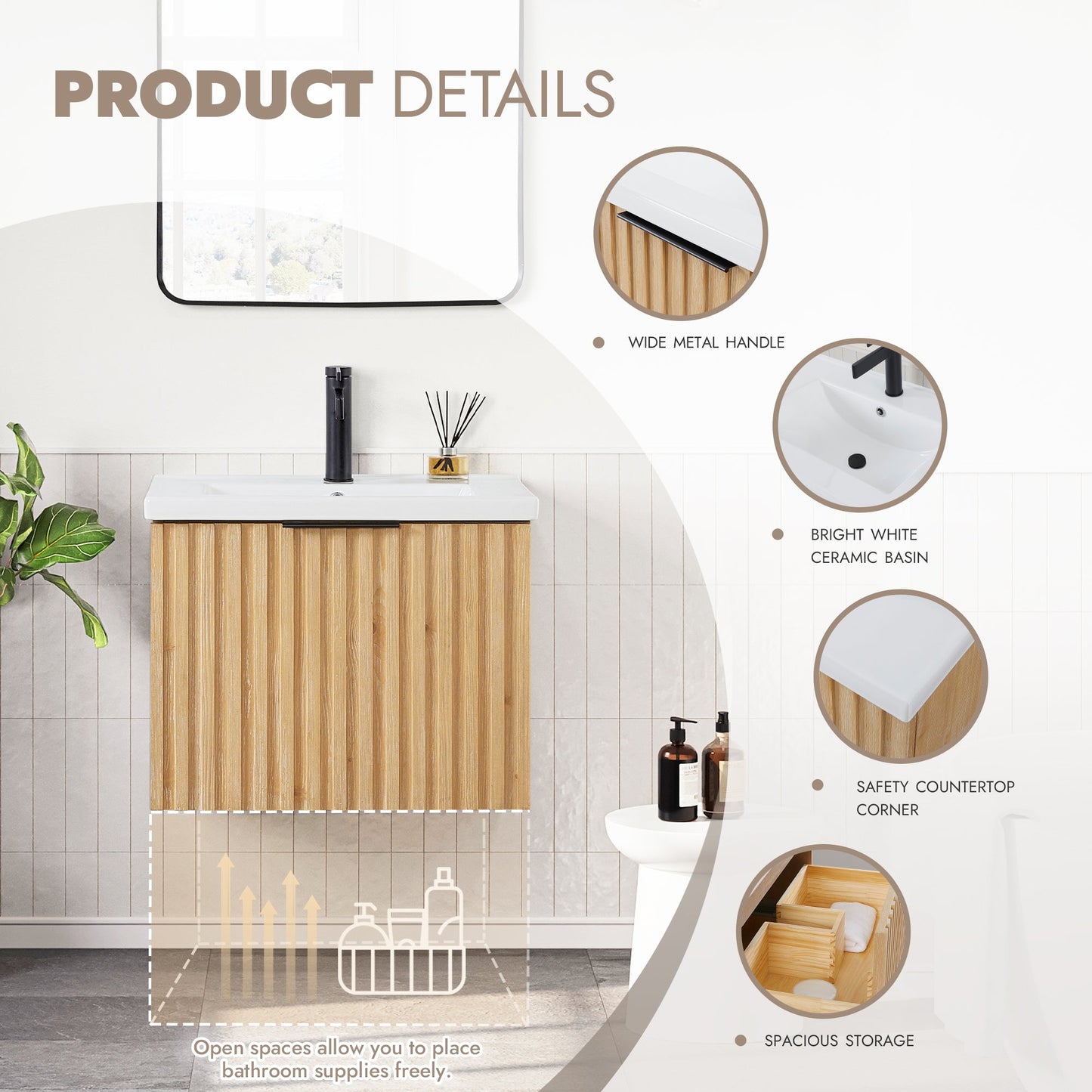 Manila Floating Single Bath Vanity in Washed Ash Grey with Drop-In White Ceramic Basin Top