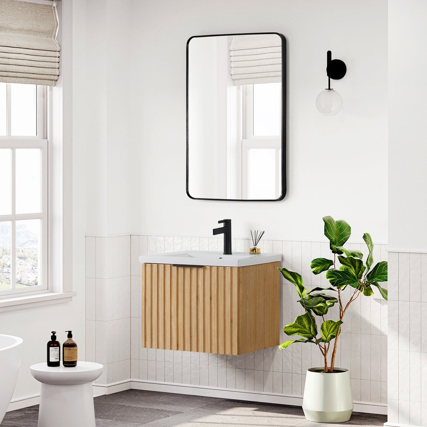 Manila Floating Single Bath Vanity in Washed Ash Grey with Drop-In White Ceramic Basin Top