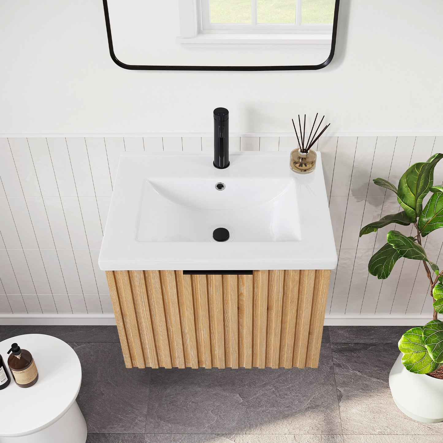 Manila Floating Single Bath Vanity in Washed Ash Grey with Drop-In White Ceramic Basin Top
