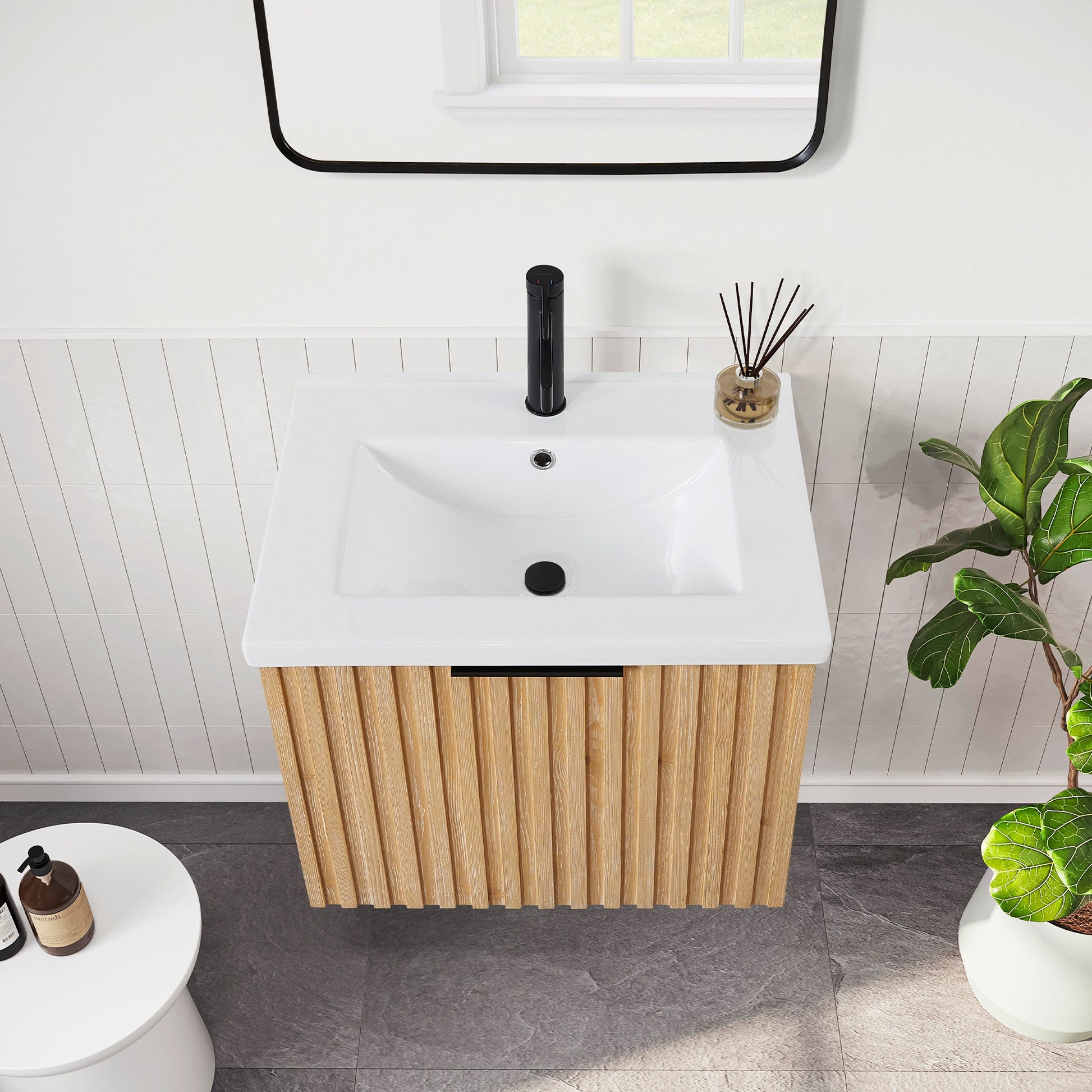 Manila Floating Single Bath Vanity in Washed Ash Grey with Drop-In White Ceramic Basin Top