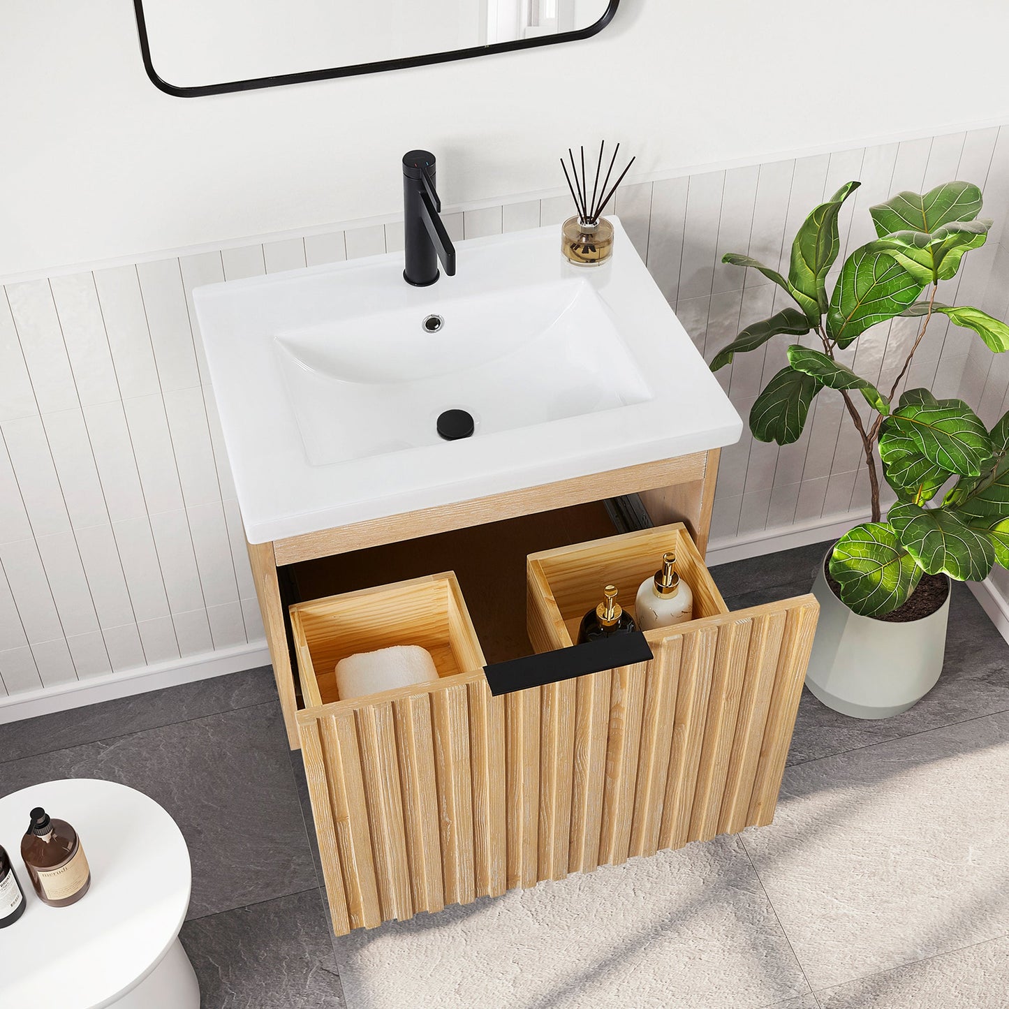 Manila Floating Single Bath Vanity in Washed Ash Grey with Drop-In White Ceramic Basin Top